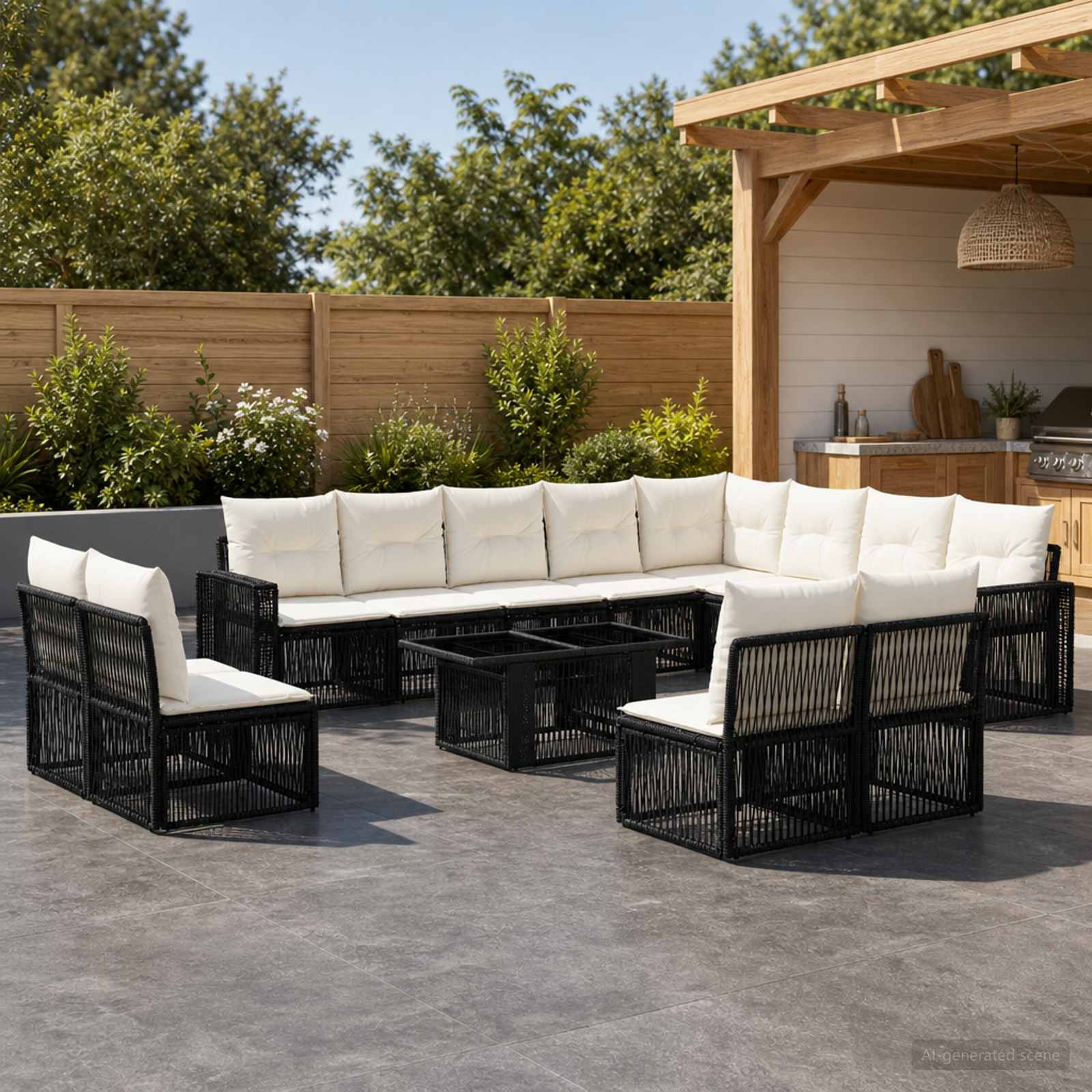 Gartensofa-set 13 stk. Schwarz und Cremeweiß Poly-Rattan