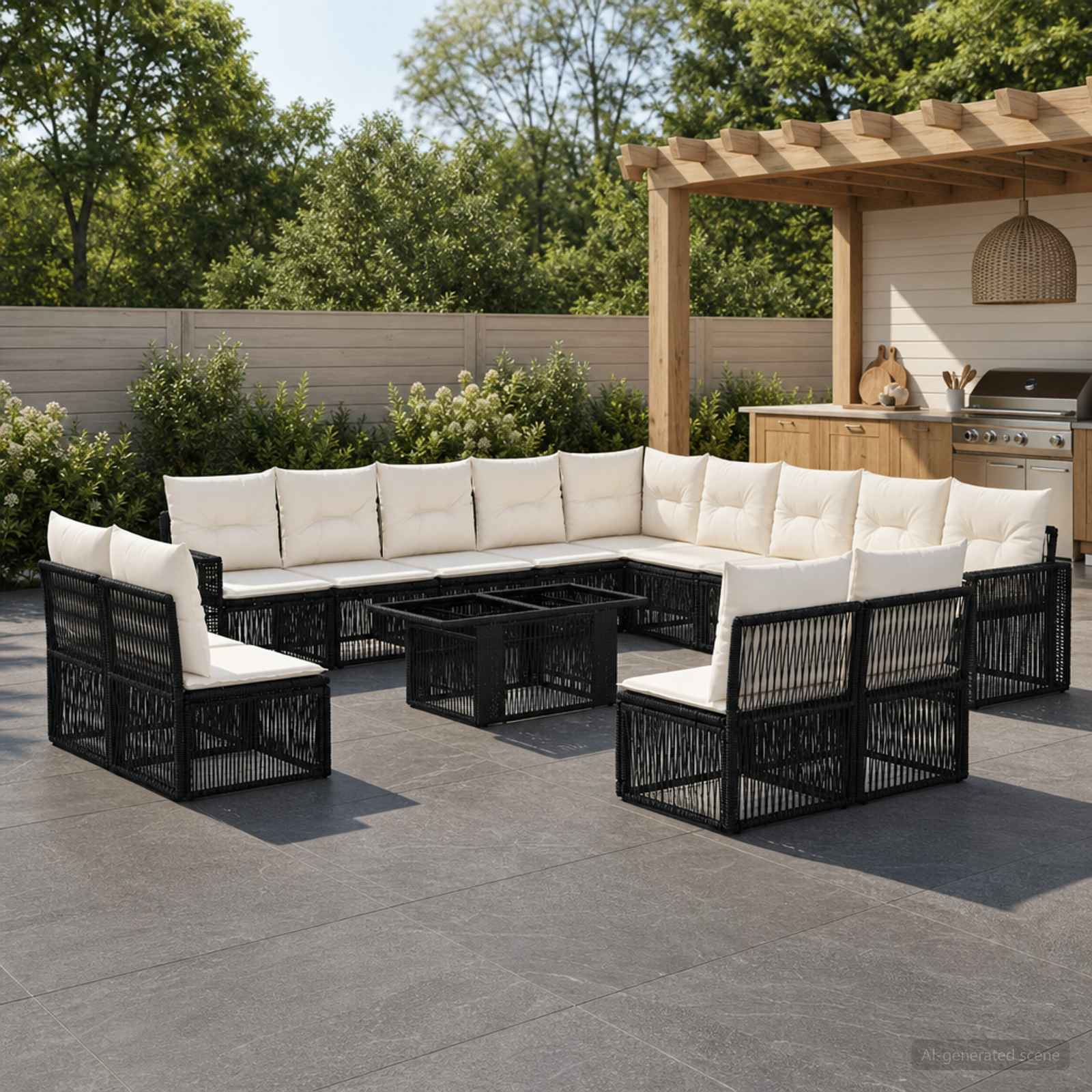 Gartensofa-set 14 stk. Schwarz und Cremeweiß Poly-Rattan
