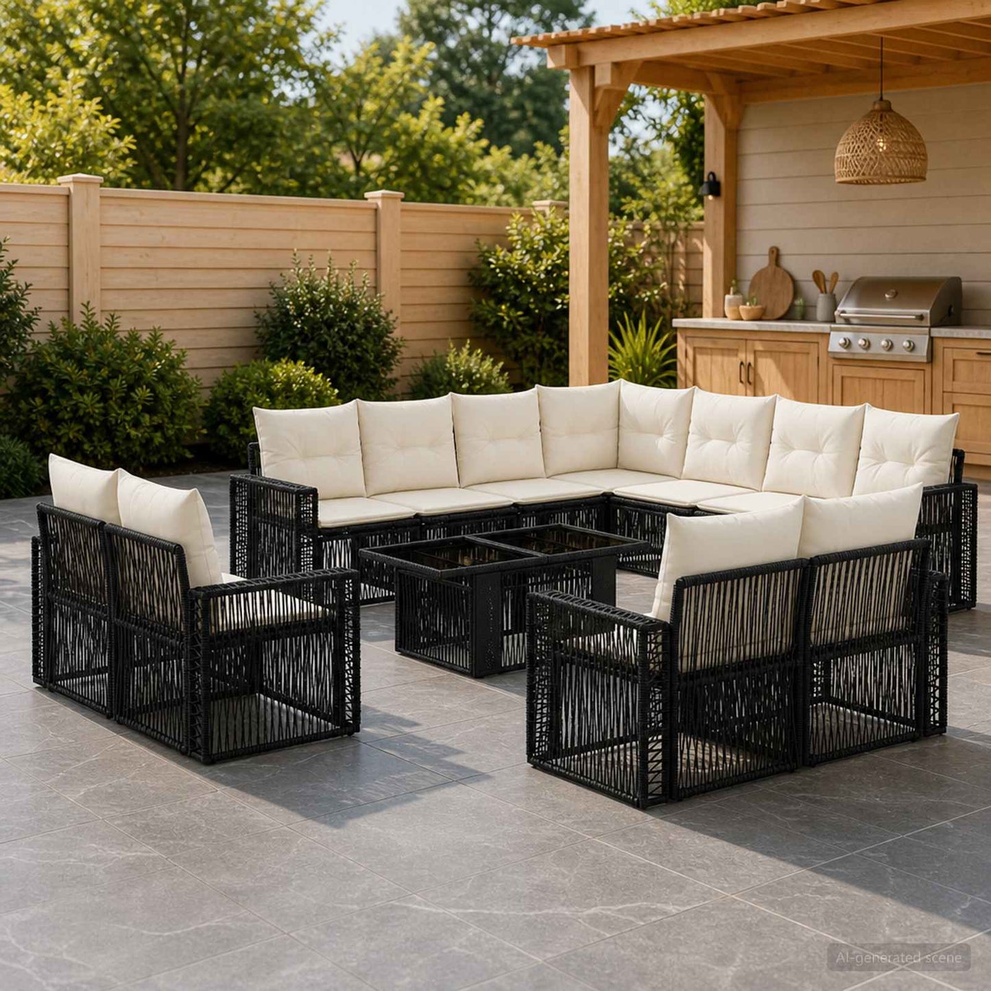 Gartensofa-set 12 stk. Schwarz und Cremeweiß Poly-Rattan