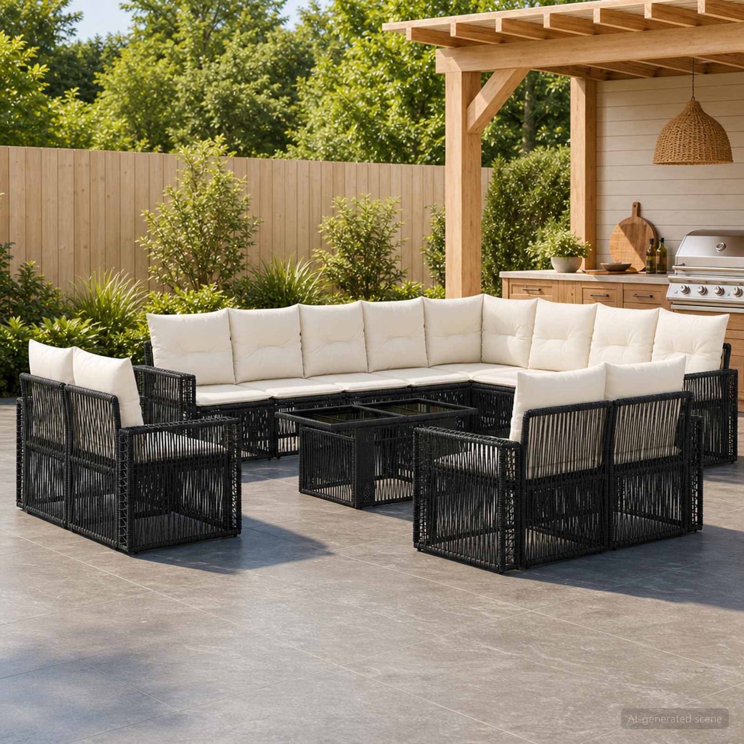 Gartensofa-set 13 stk. Schwarz und Cremeweiß Poly-Rattan