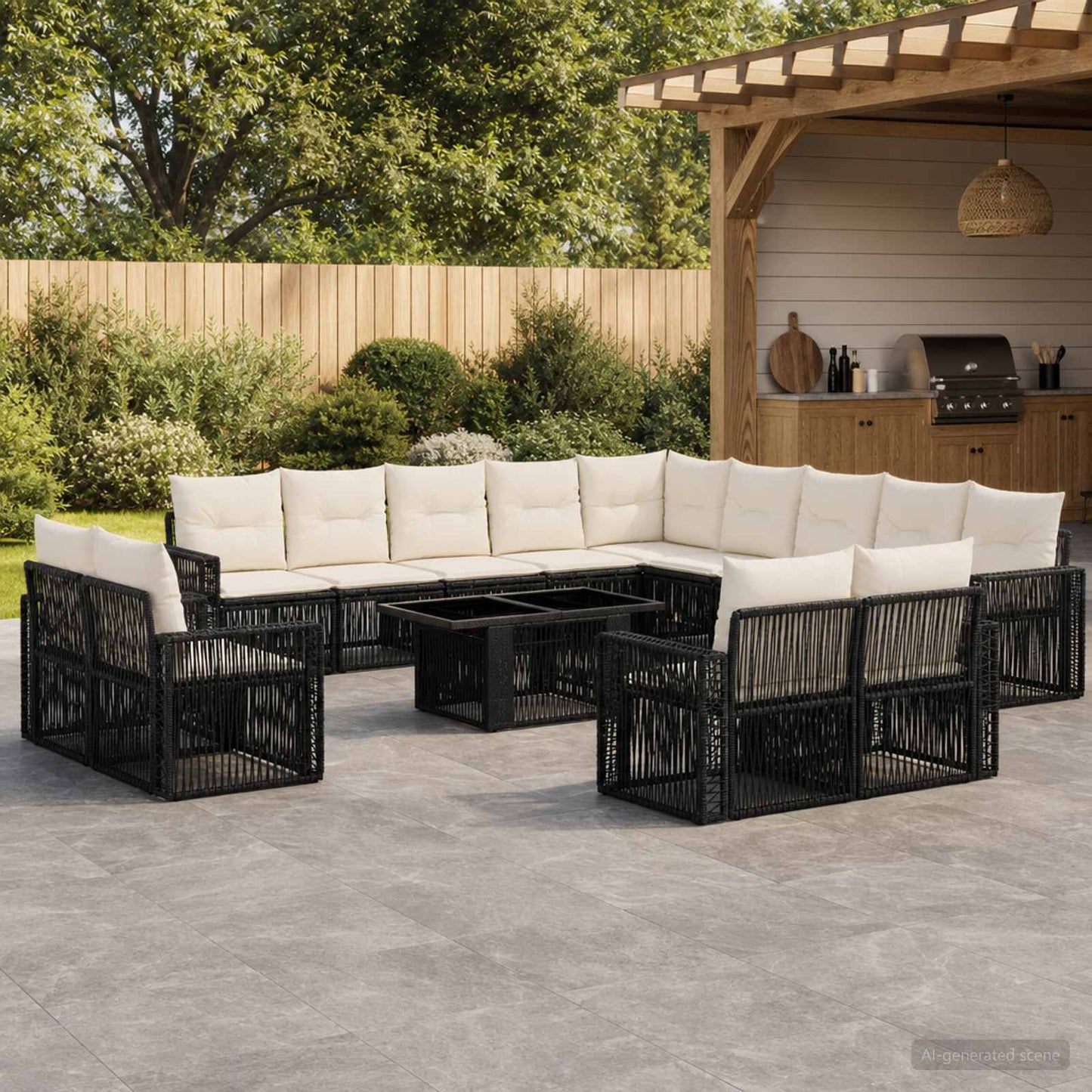 Gartensofa-set 14 stk. Schwarz und Cremeweiß Poly-Rattan