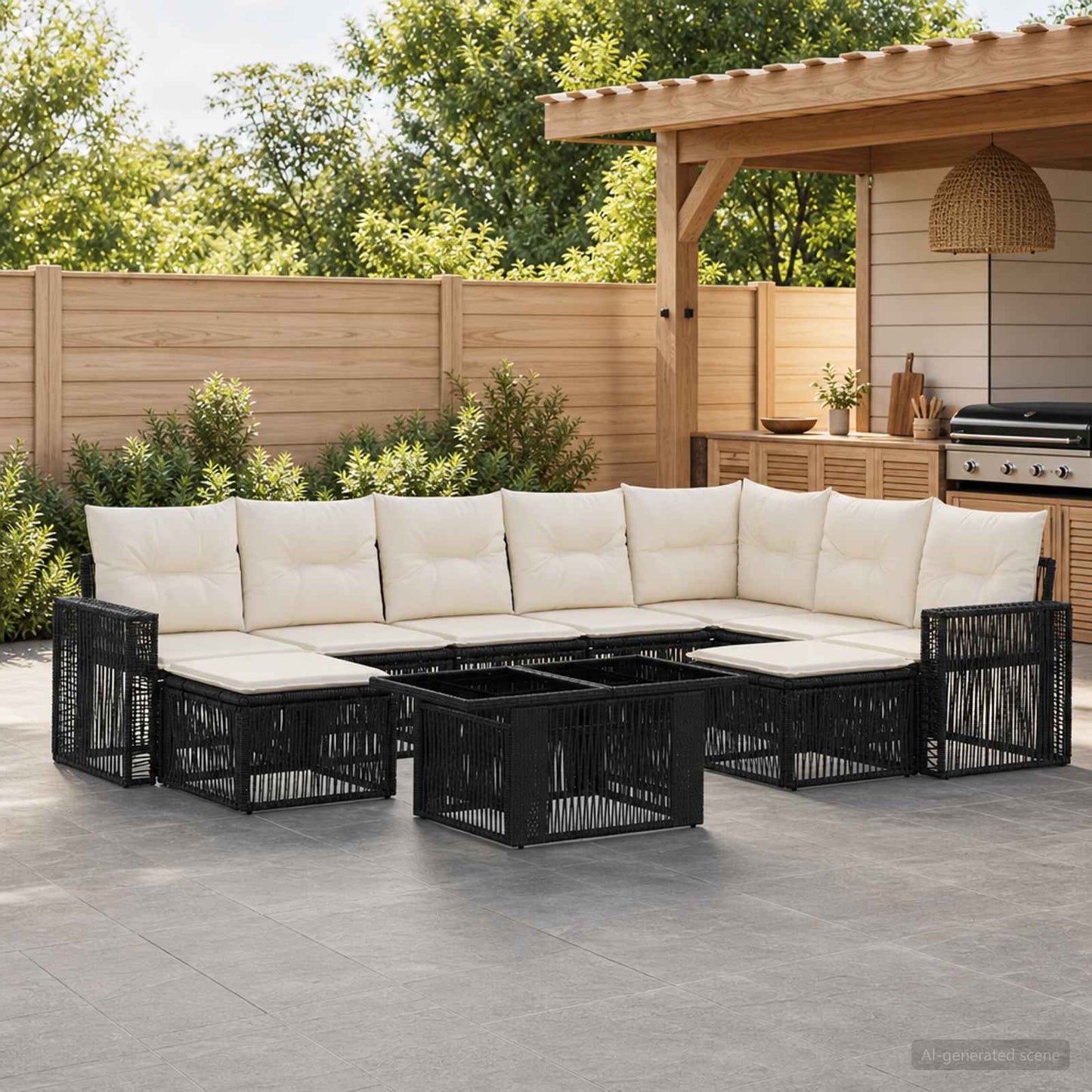 Gartensofa-set 10 stk. Schwarz und Cremeweiß Poly-Rattan