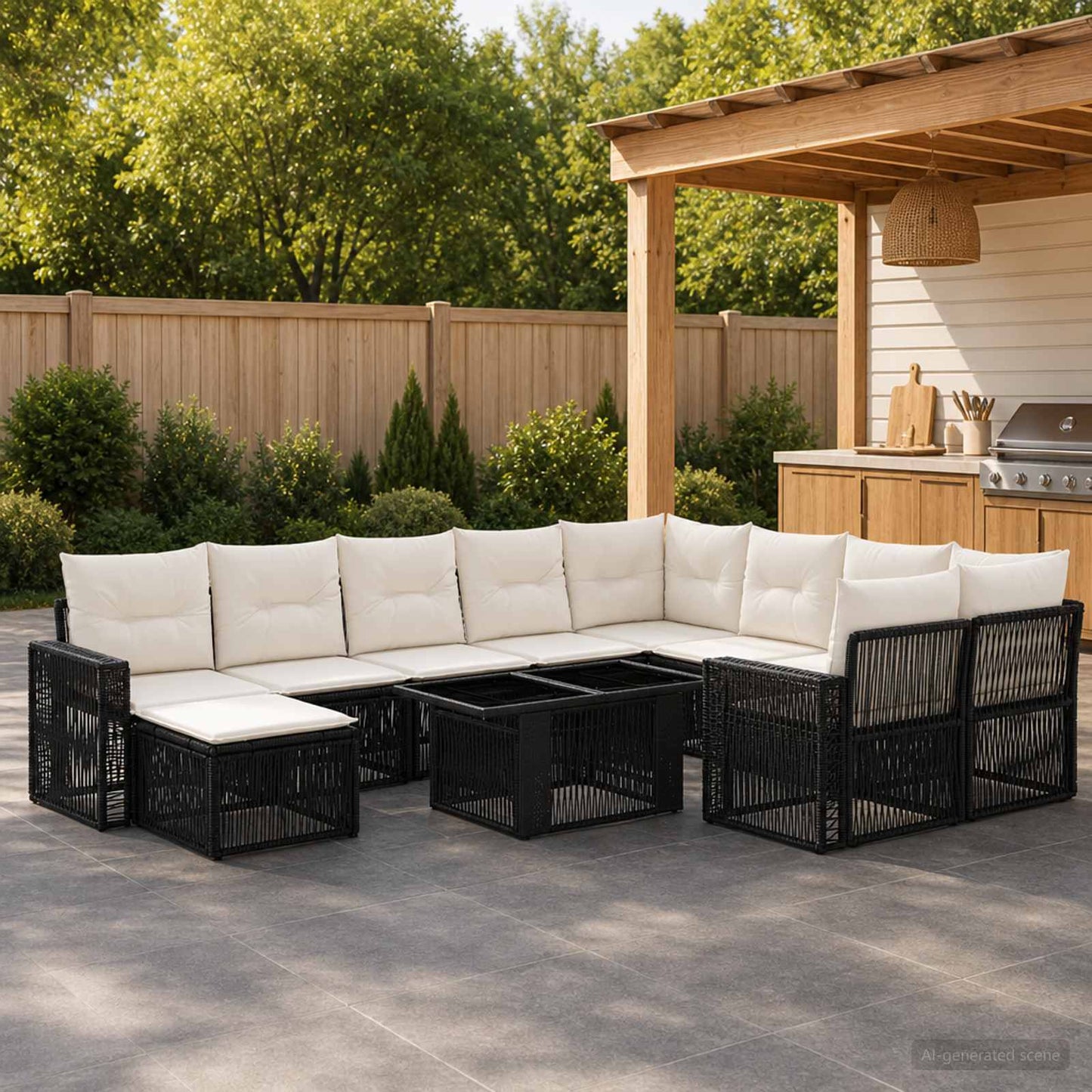 Gartensofa-set 11 stk. Schwarz und Cremeweiß Poly-Rattan
