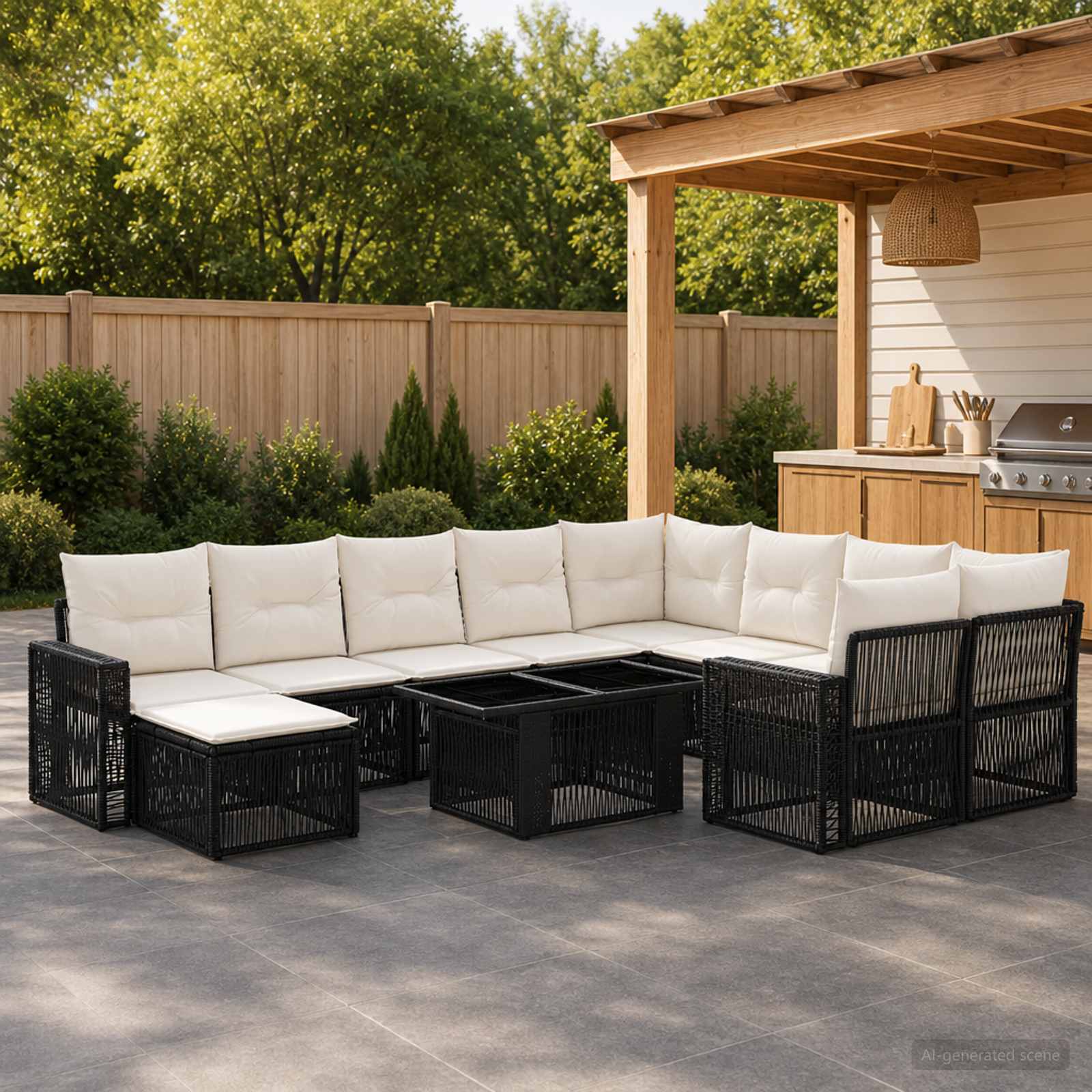 Gartensofa-set 11 stk. Schwarz und Cremeweiß Poly-Rattan