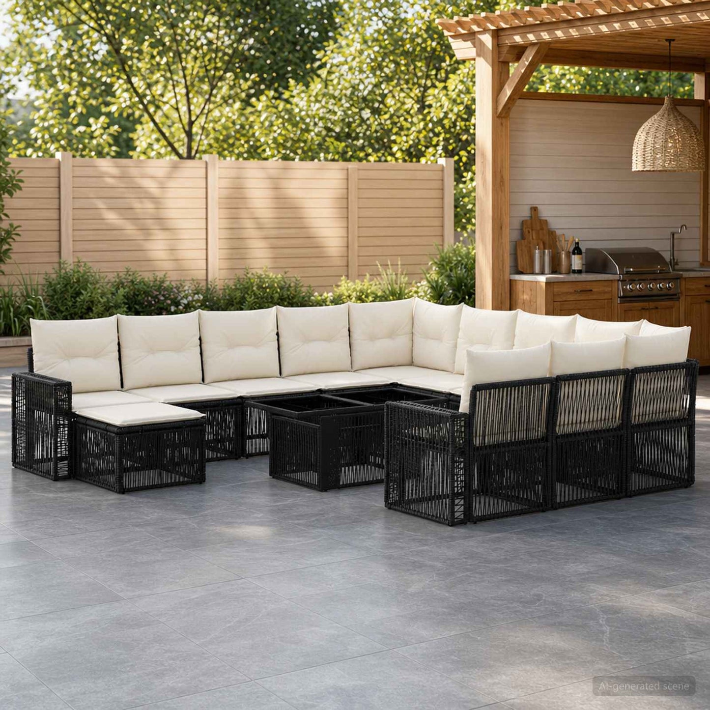 Gartensofa-set 13 stk. Schwarz und Cremeweiß Poly-Rattan