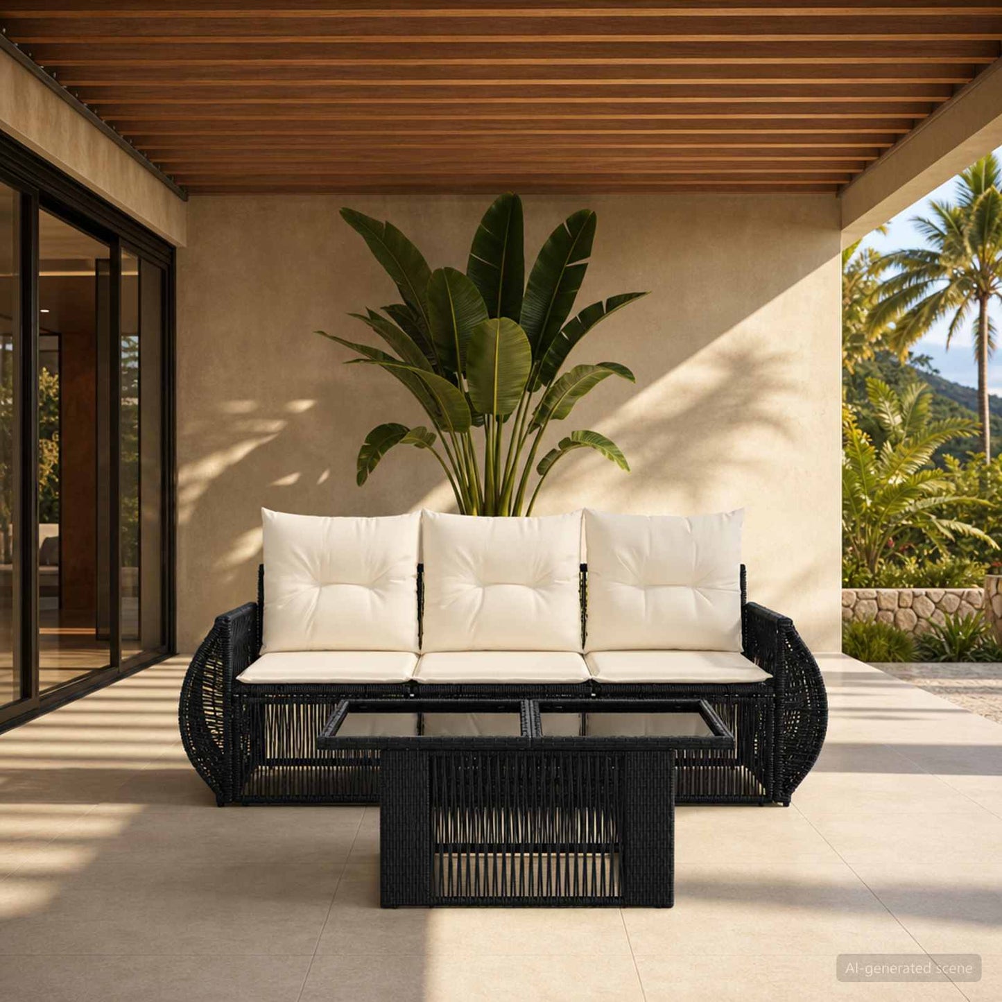 Gartensofa-set 4 stk. Schwarz und Cremeweiß Poly-Rattan