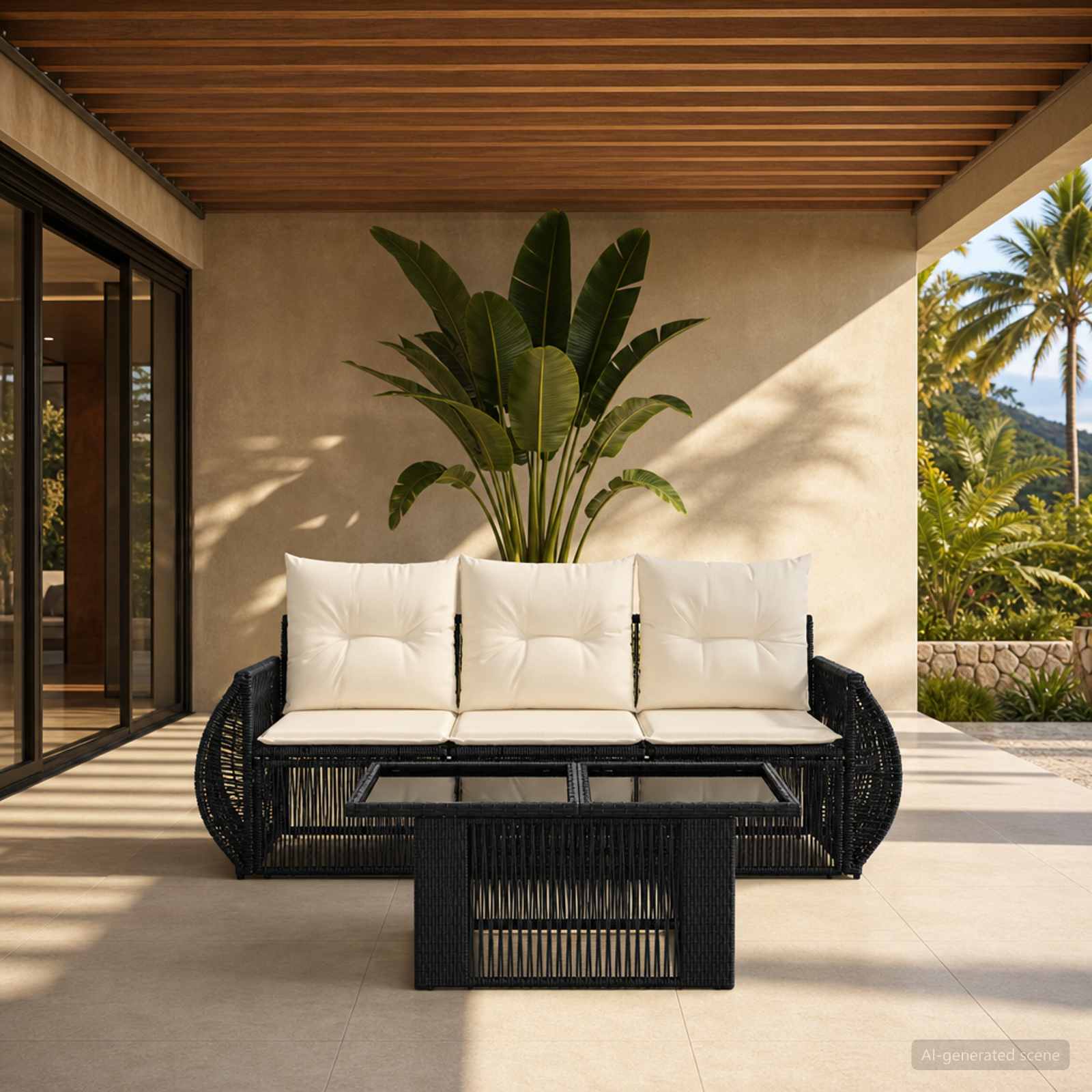 Gartensofa-set 4 stk. Schwarz und Cremeweiß Poly-Rattan