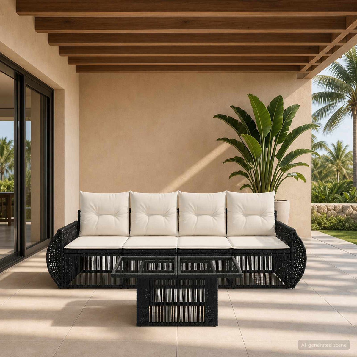 Gartensofa-set 5 stk. Schwarz und Cremeweiß Poly-Rattan