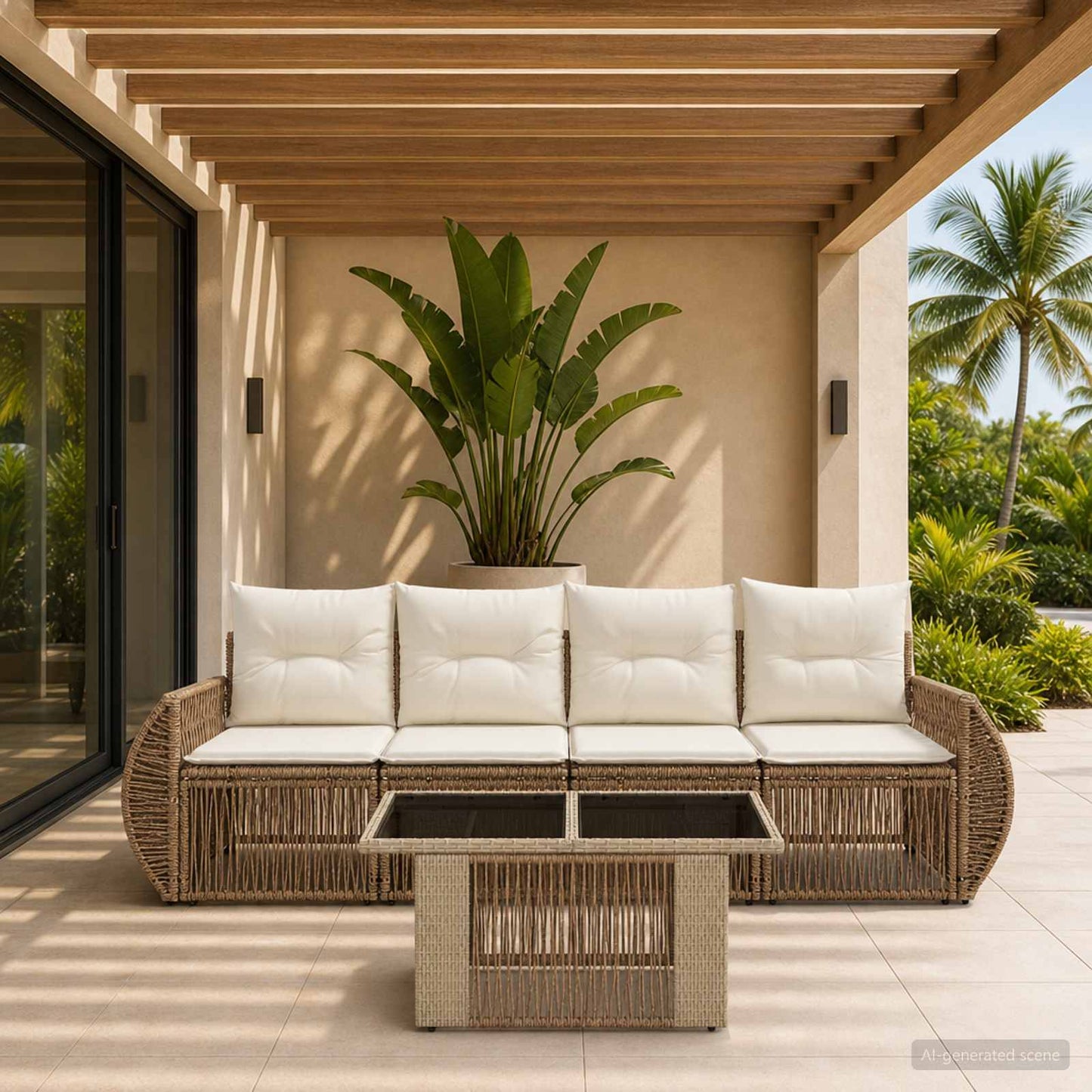 Gartensofa-set 5 stk. Beige und Cremeweiß Poly-Rattan