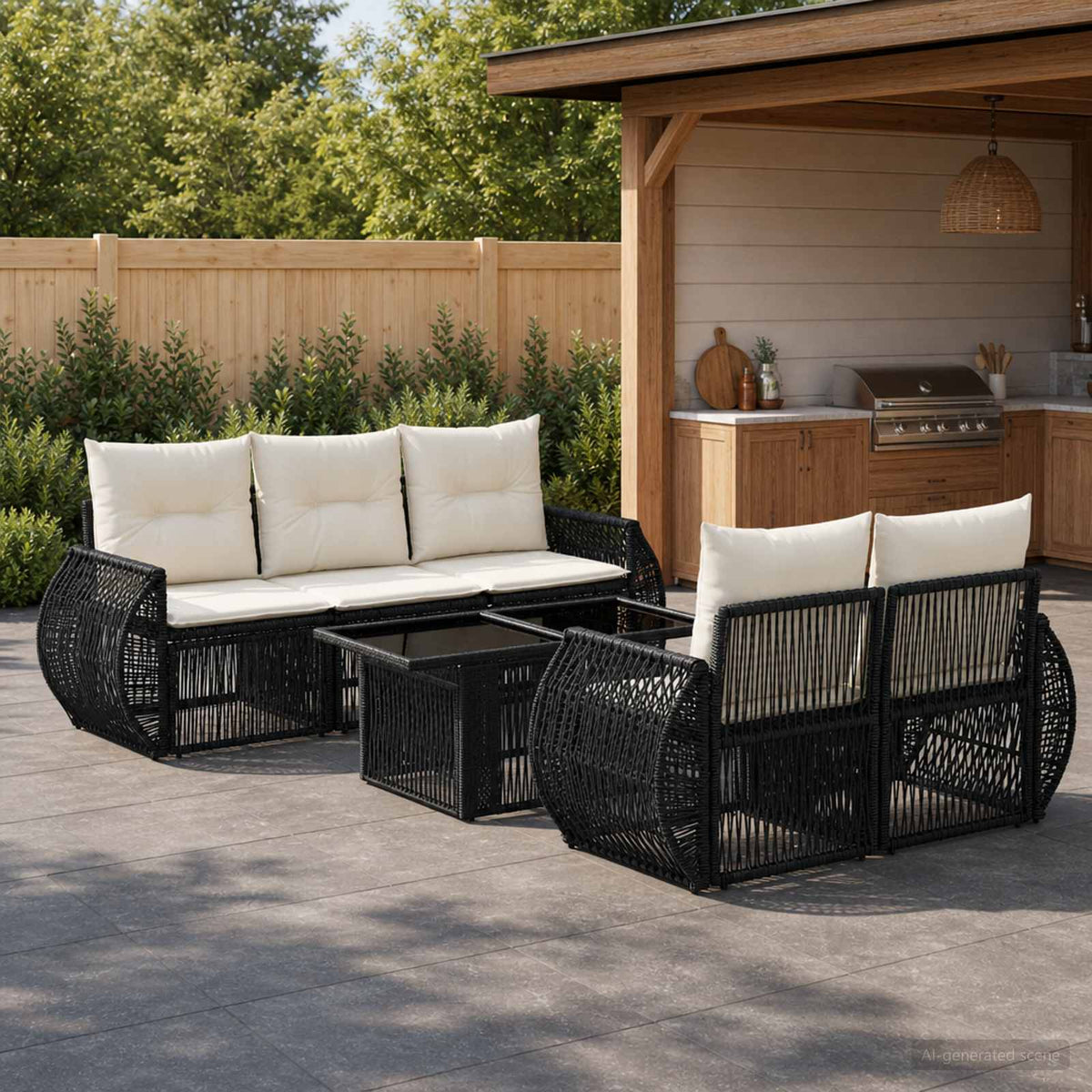 Gartensofa-set 6 stk. Schwarz und Cremeweiß Poly-Rattan