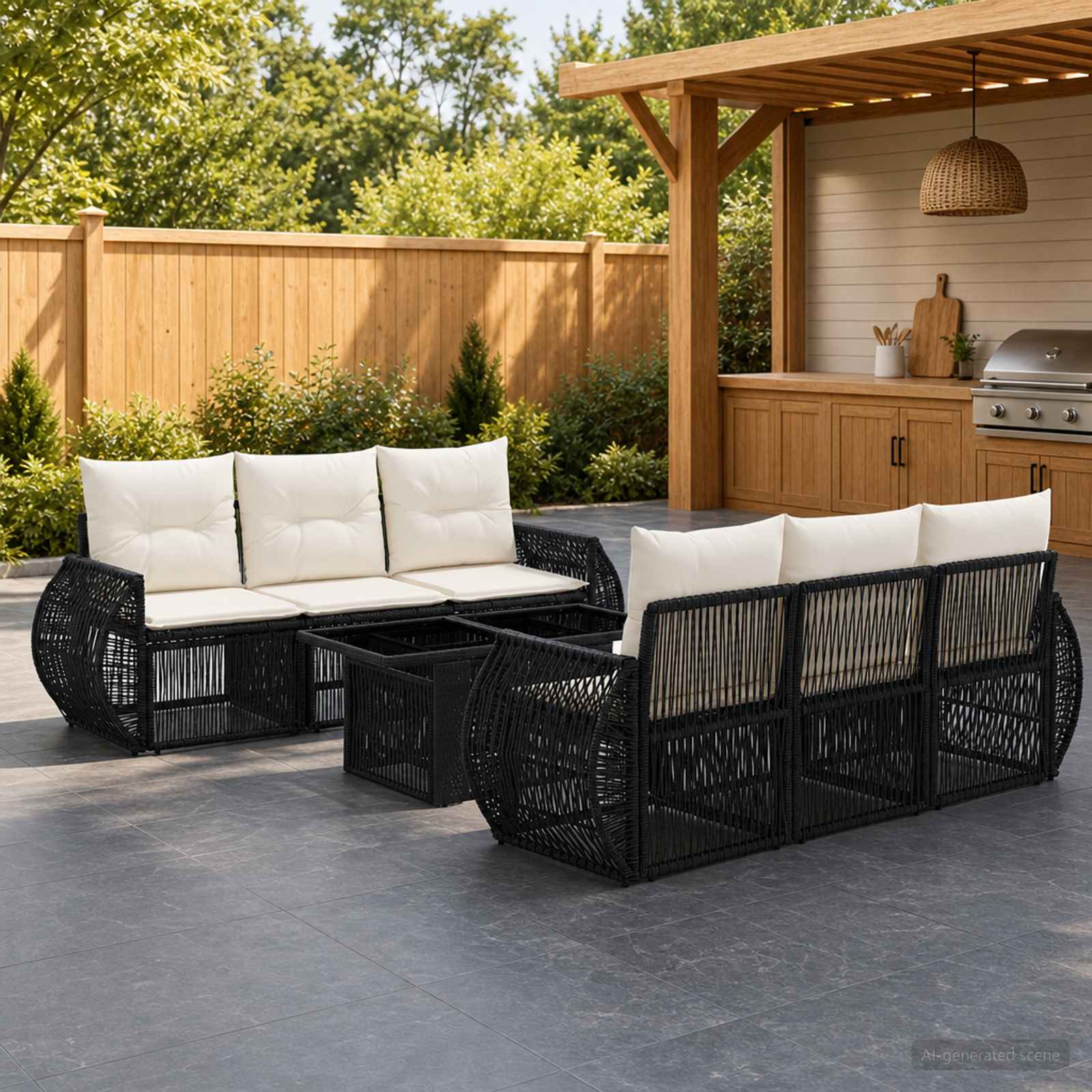 Gartensofa-set 7 stk. Schwarz und Cremeweiß Poly-Rattan
