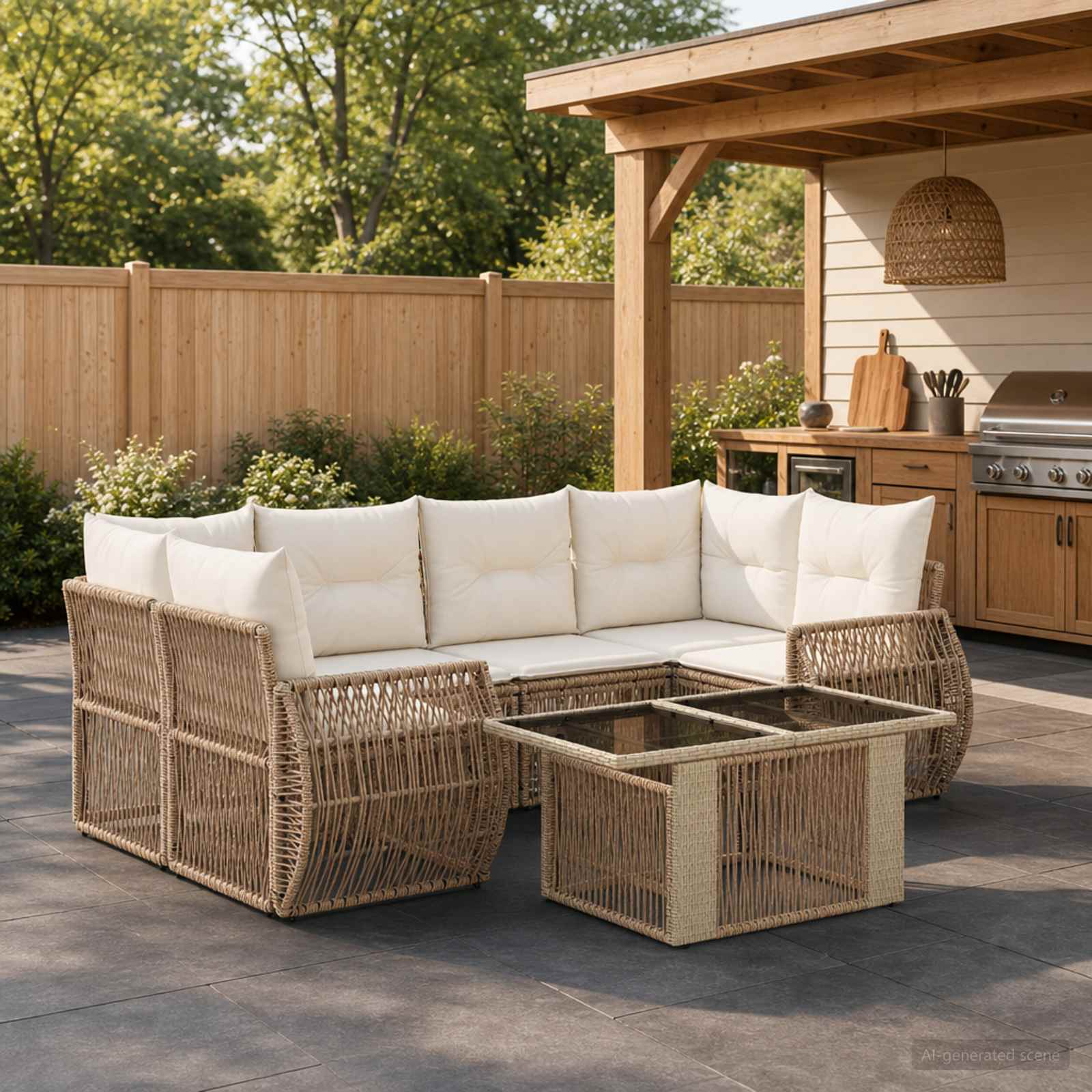 Gartensofa-set 7 stk. Beige und Cremeweiß Poly-Rattan