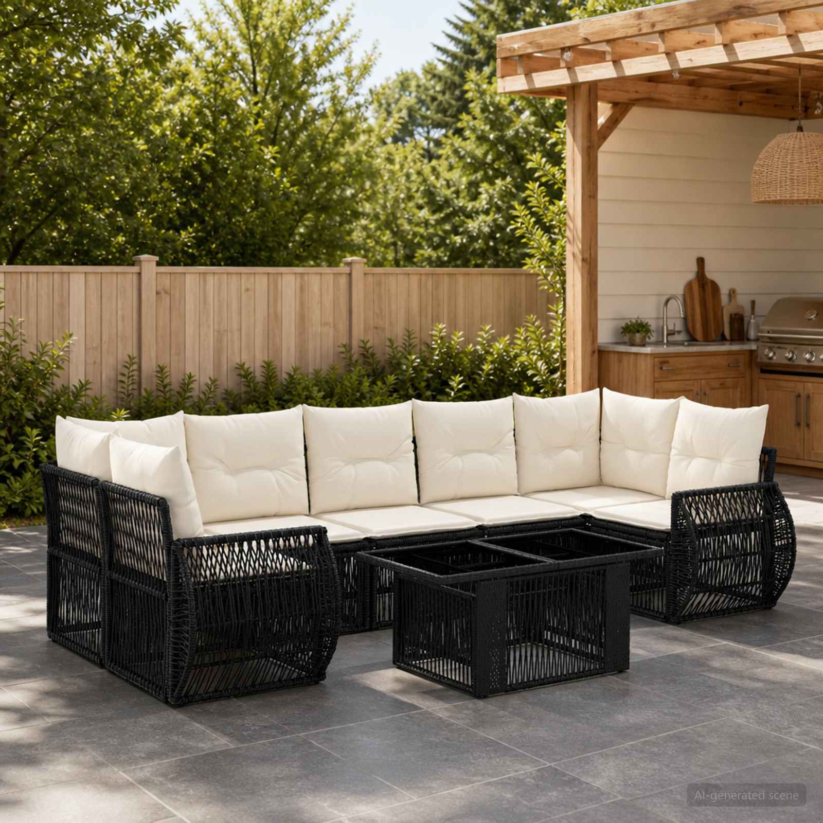 Gartensofa-set 8 stk. Schwarz und Cremeweiß Poly-Rattan