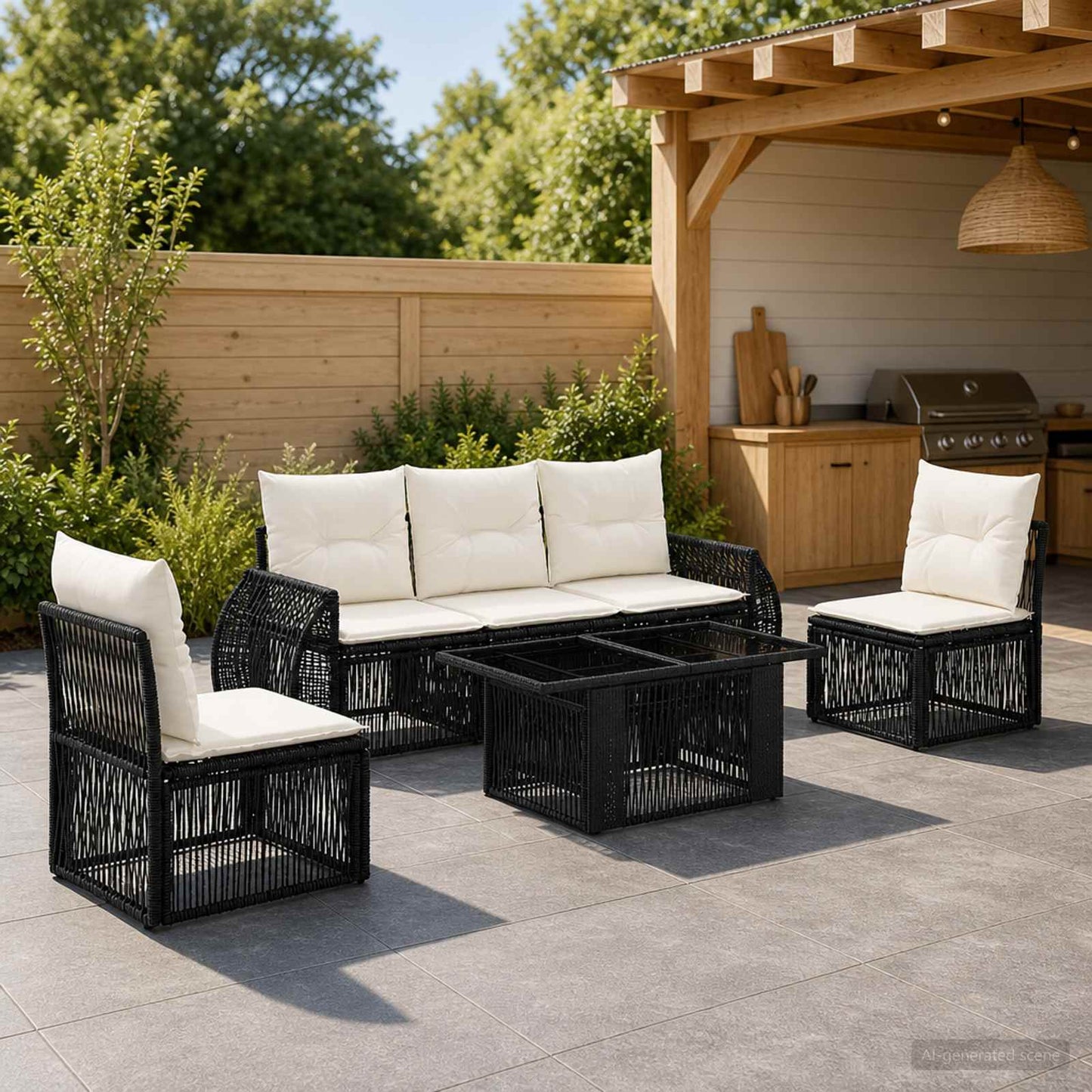 Gartensofa-set 6 stk. Schwarz und Cremeweiß Poly-Rattan