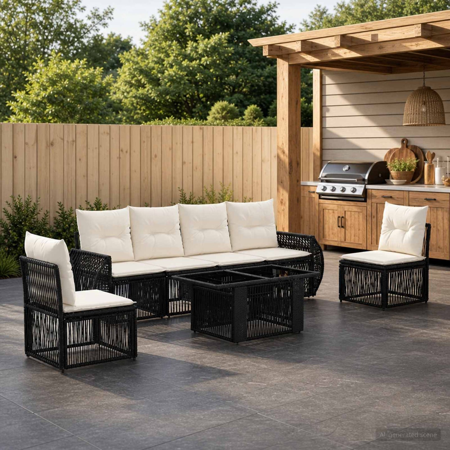 Gartensofa-set 7 stk. Schwarz und Cremeweiß Poly-Rattan
