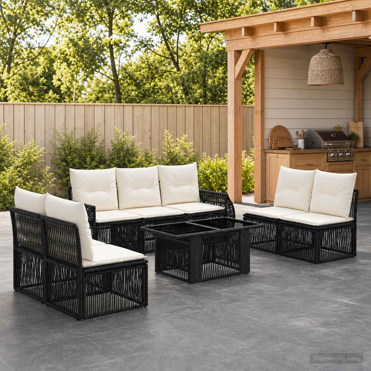 Gartensofa-set 8 stk. Schwarz und Cremeweiß Poly-Rattan
