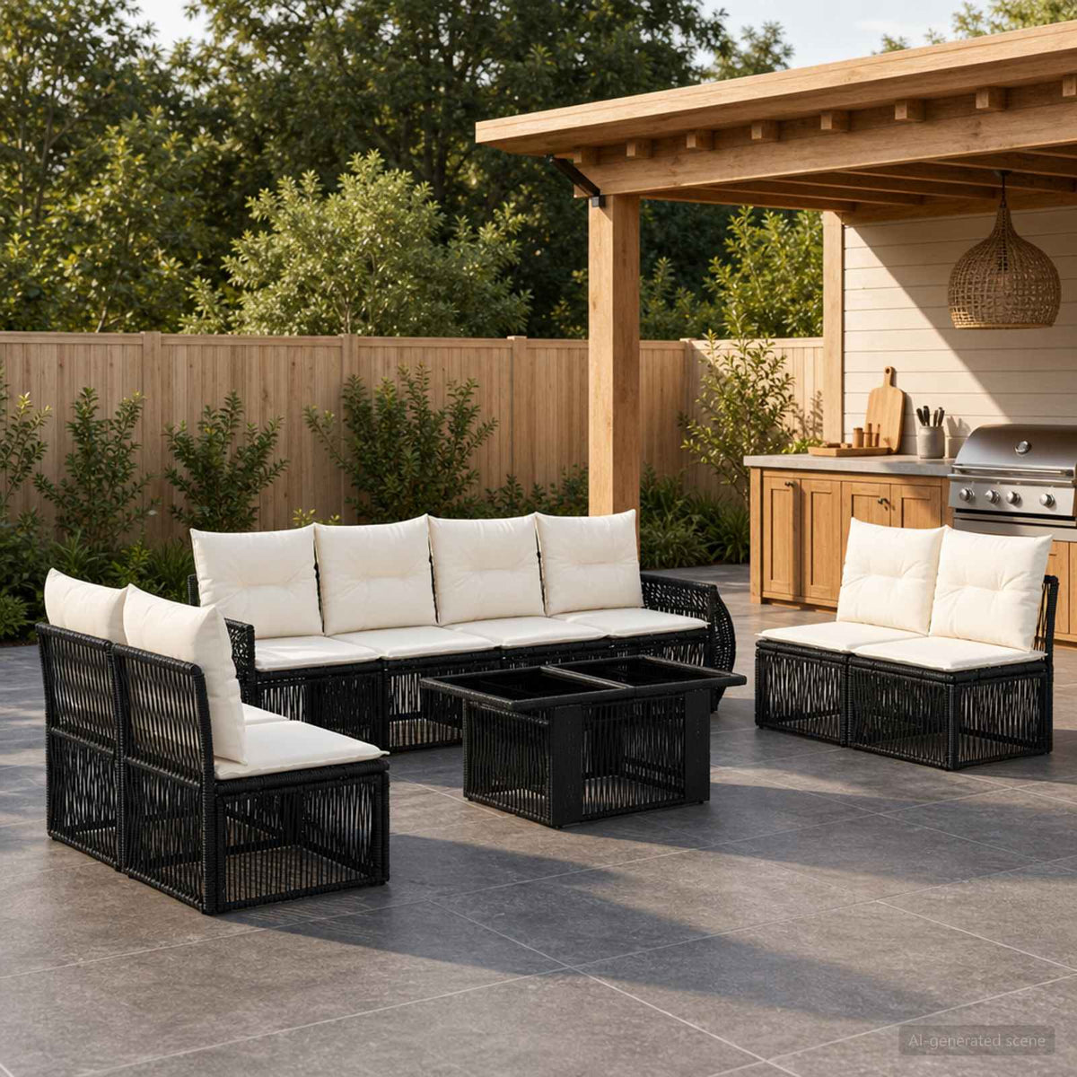 Gartensofa-set 9 stk. Schwarz und Cremeweiß Poly-Rattan