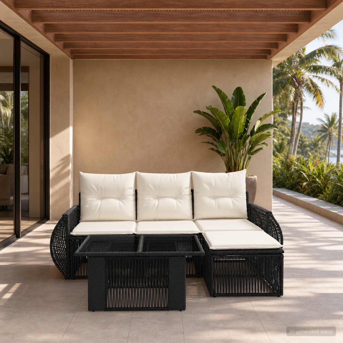 Gartensofa-set 5 stk. Schwarz und Cremeweiß Poly-Rattan