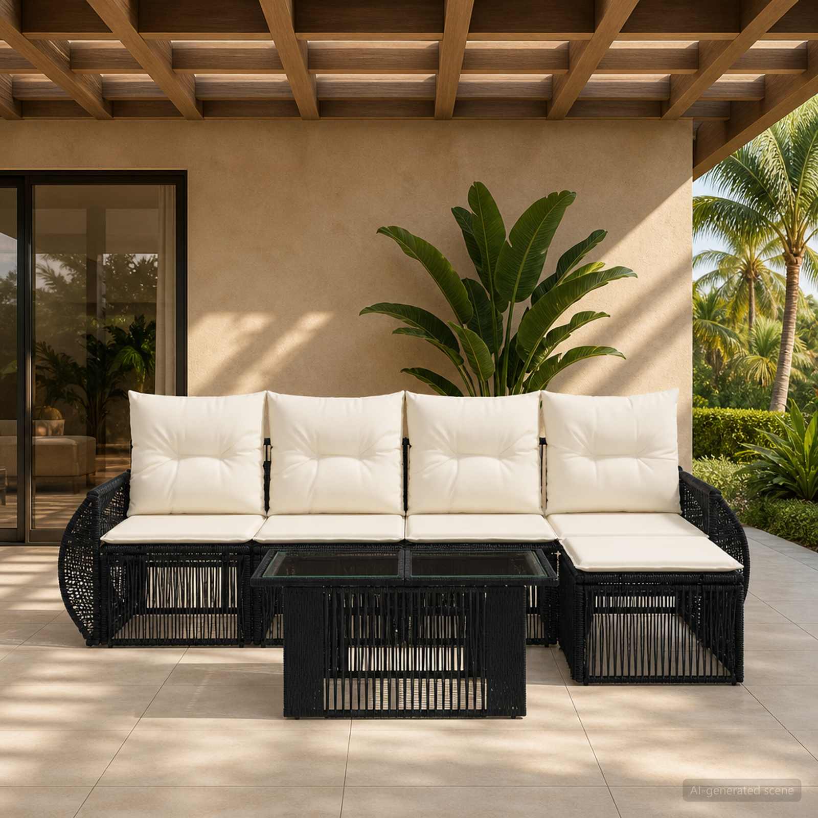 Gartensofa-set 6 stk. Schwarz und Cremeweiß Poly-Rattan