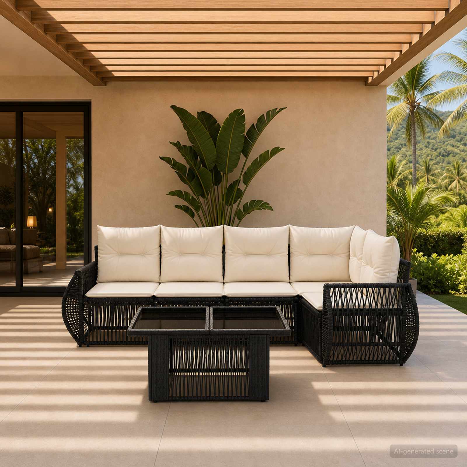 Gartensofa-set 6 stk. Schwarz und Cremeweiß Poly-Rattan