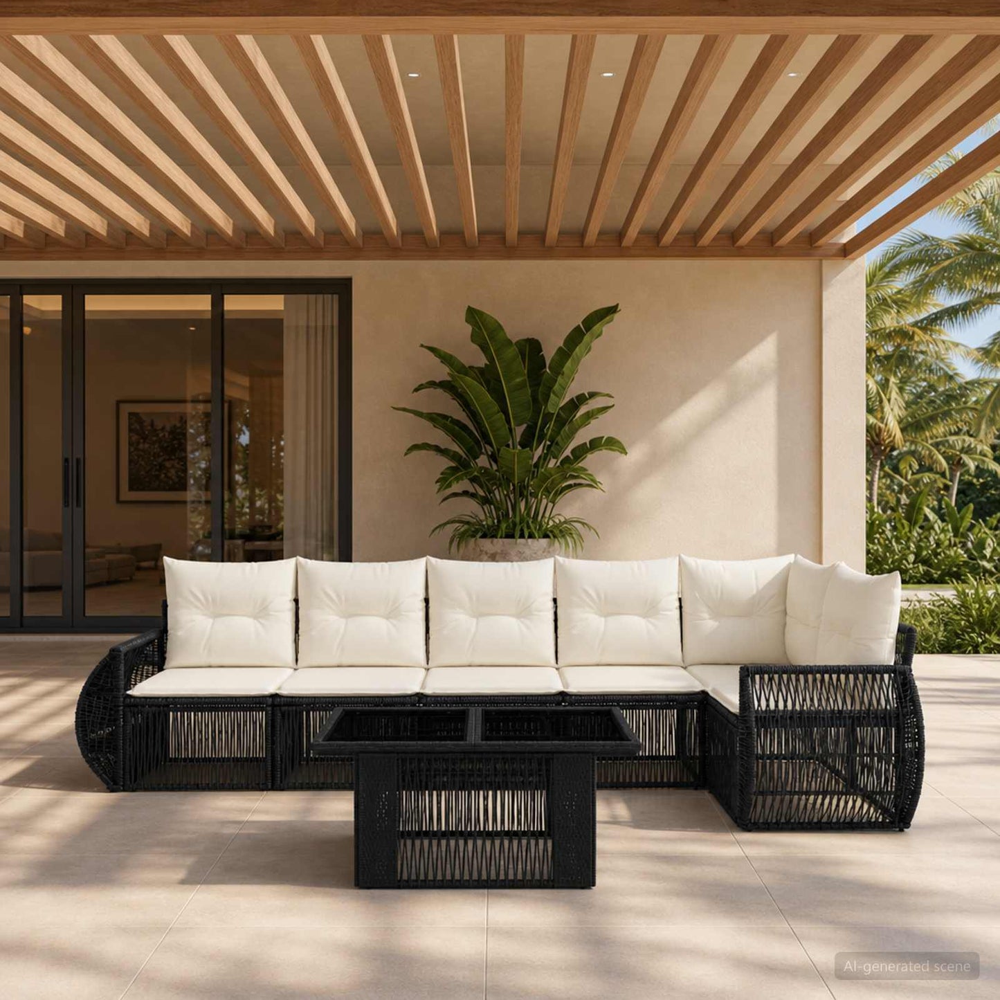 Gartensofa-set 7 stk. Schwarz und Cremeweiß Poly-Rattan