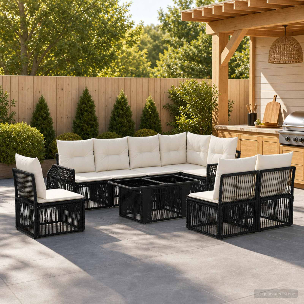 Gartensofa-set 9 stk. Schwarz und Cremeweiß Poly-Rattan