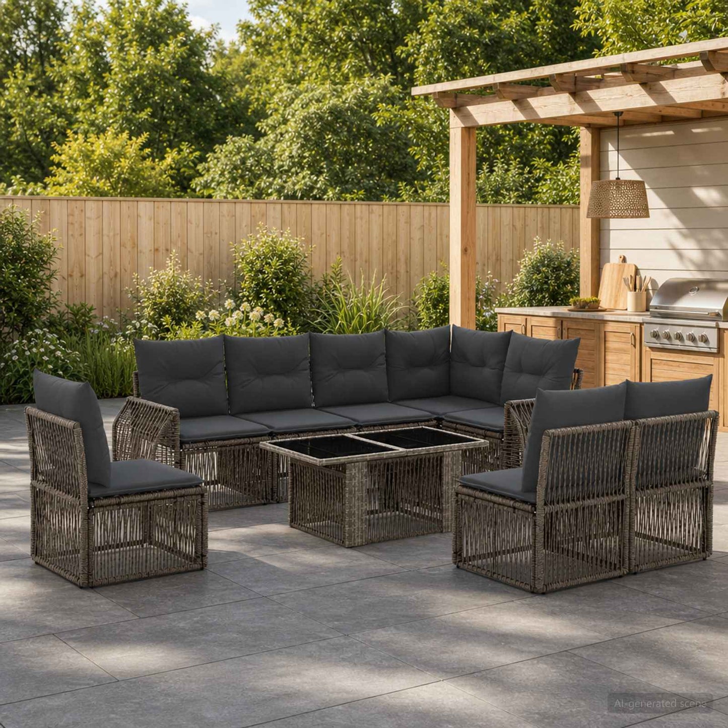 Gartensofa-set 9 stk. Grau und Dunkelgrau Poly-Rattan