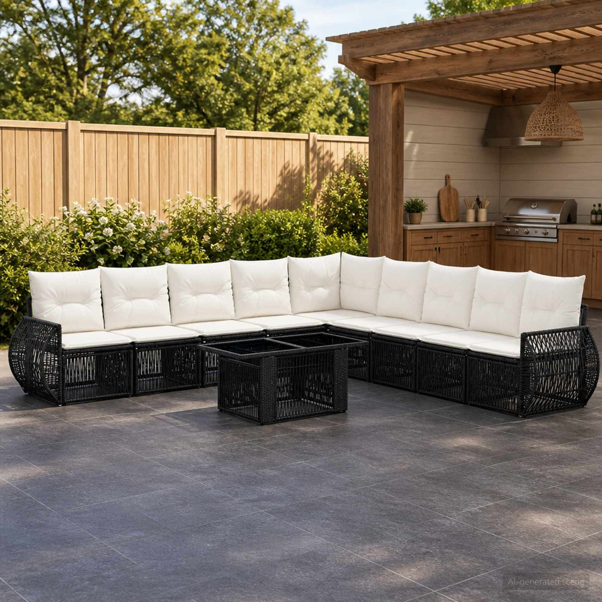 Gartensofa-set 10 stk. Schwarz und Cremeweiß Poly-Rattan