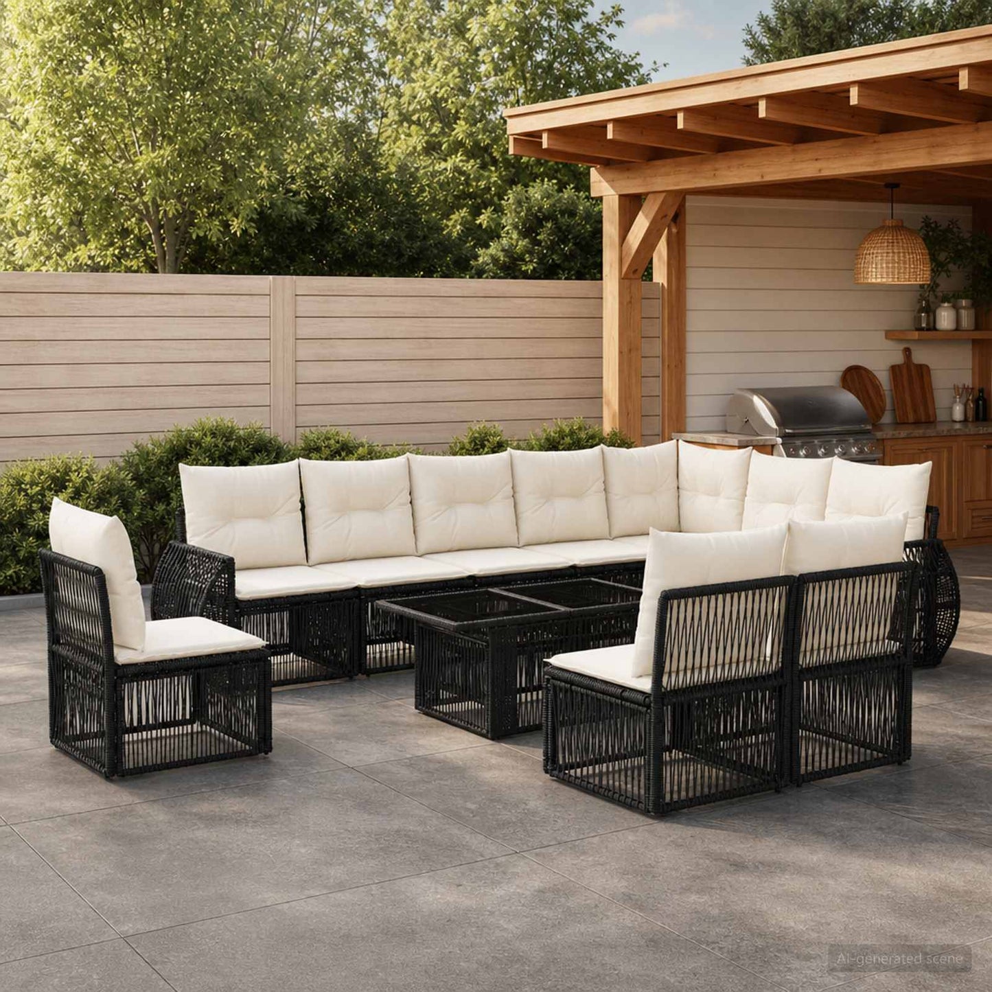 Gartensofa-set 11 stk. Schwarz und Cremeweiß Poly-Rattan