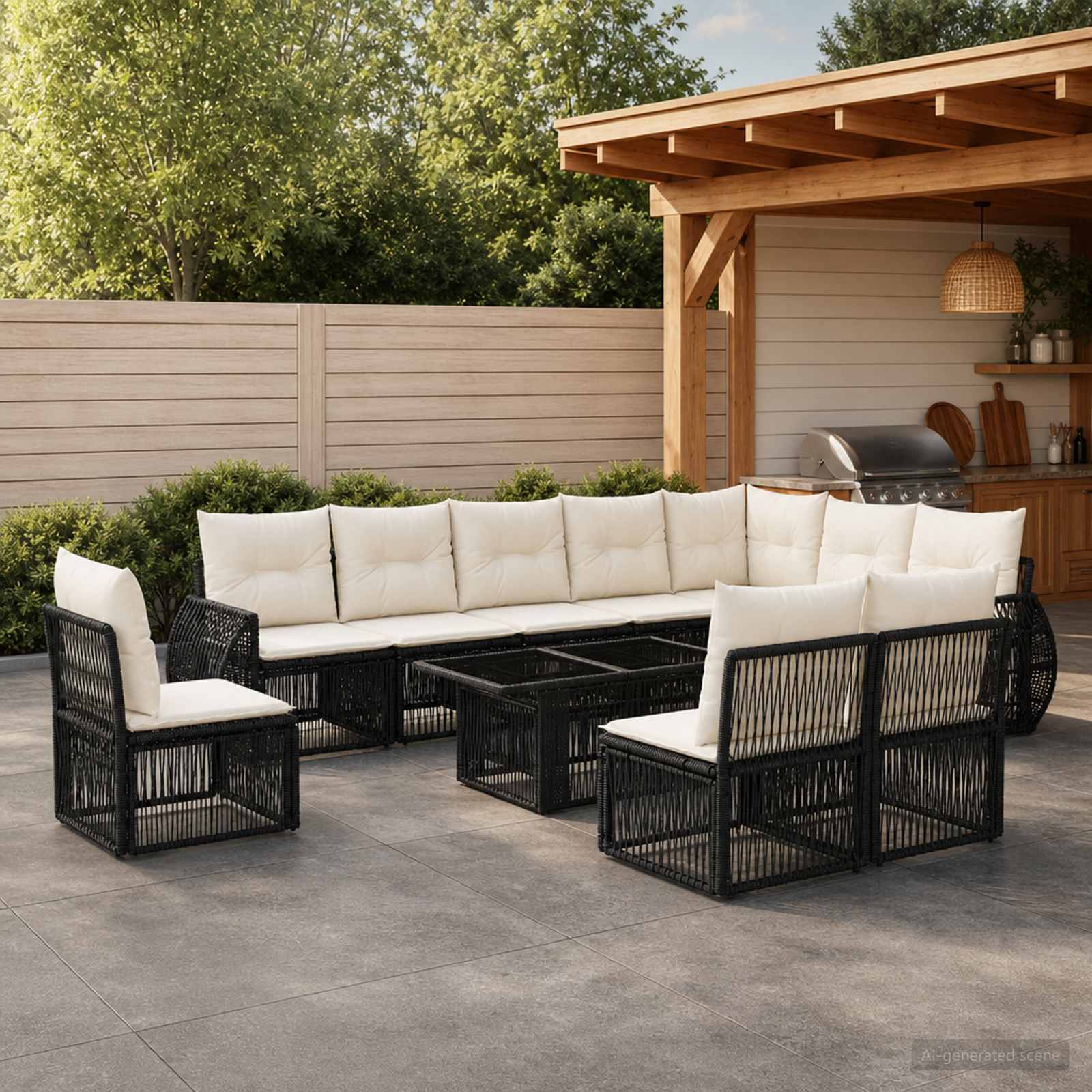 Gartensofa-set 11 stk. Schwarz und Cremeweiß Poly-Rattan