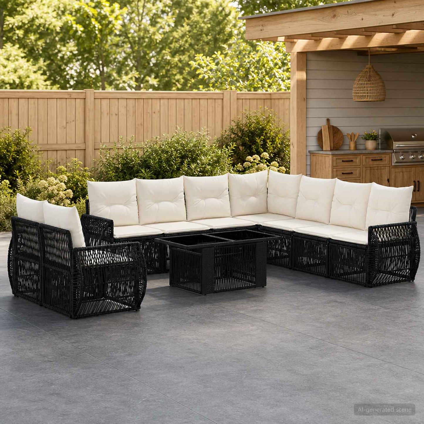 Gartensofa-set 10 stk. Schwarz und Cremeweiß Poly-Rattan