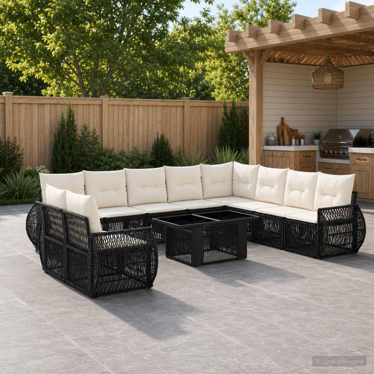 Gartensofa-set 11 stk. Schwarz und Cremeweiß Poly-Rattan
