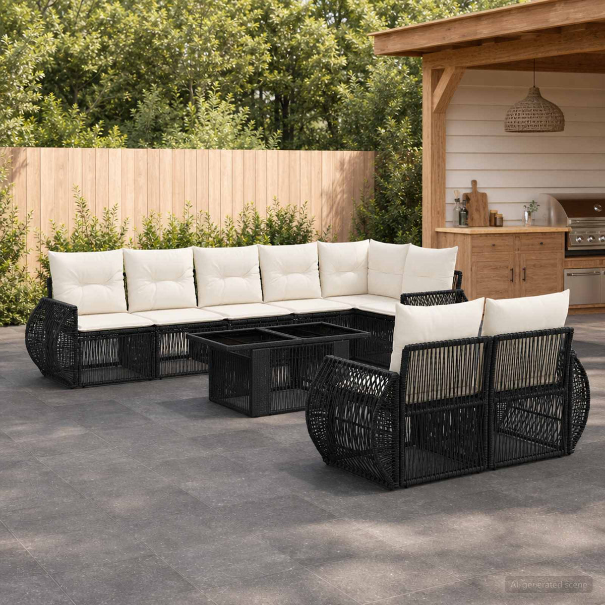 Gartensofa-set 9 stk. Schwarz und Cremeweiß Poly-Rattan