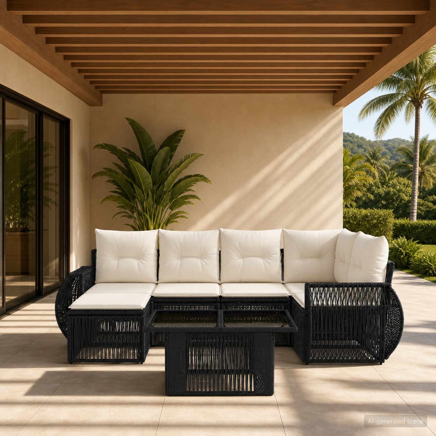 Gartensofa-set 7 stk. Schwarz und Cremeweiß Poly-Rattan