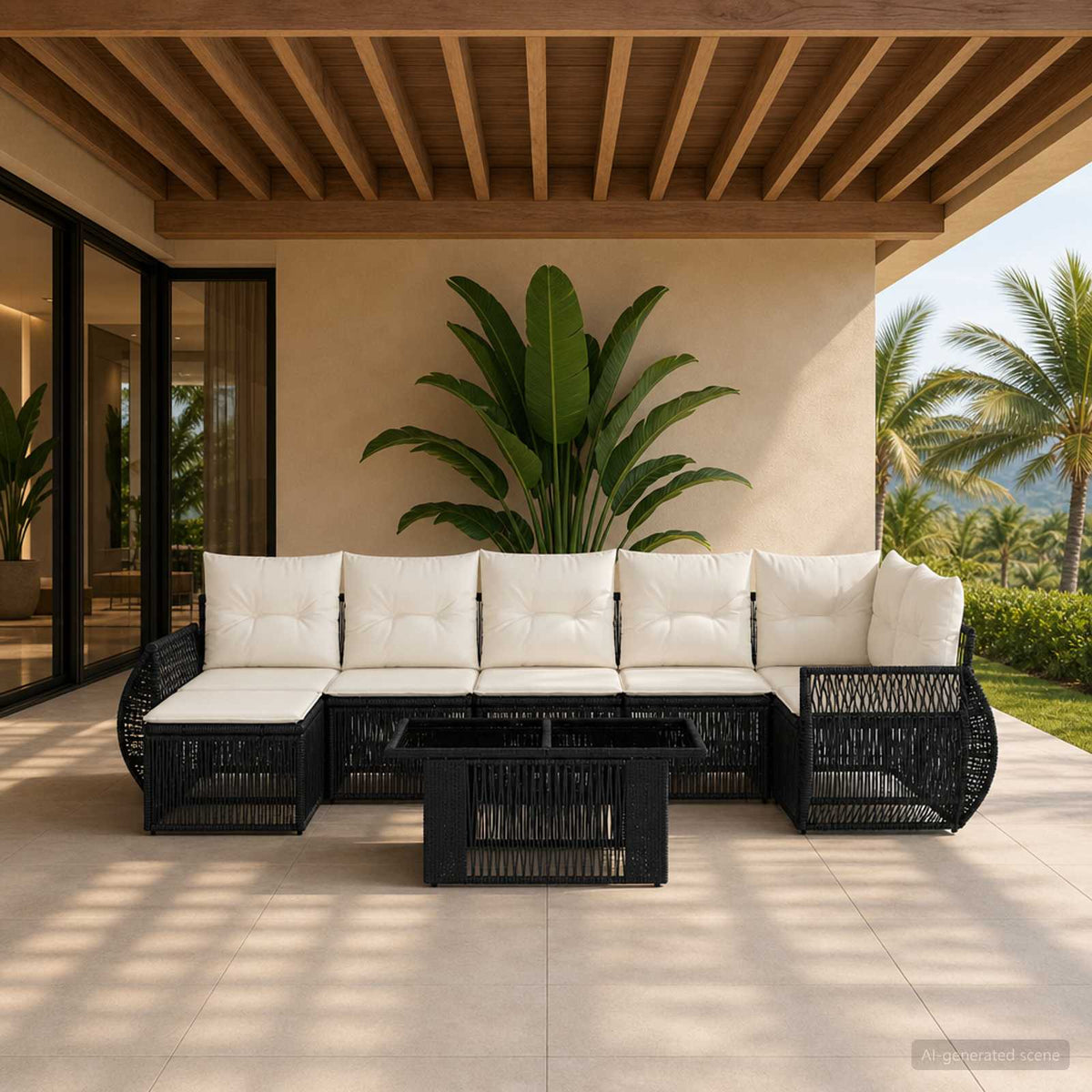 Gartensofa-set 8 stk. Schwarz und Cremeweiß Poly-Rattan