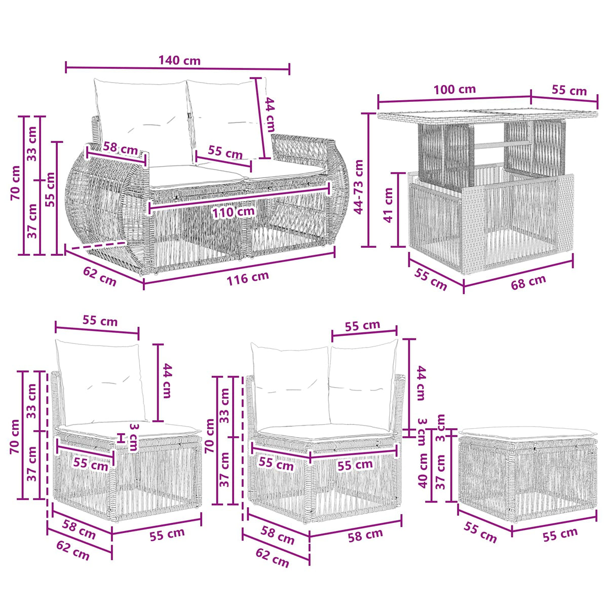 Gartensofa-set 8 stk. Schwarz und Cremeweiß Poly-Rattan