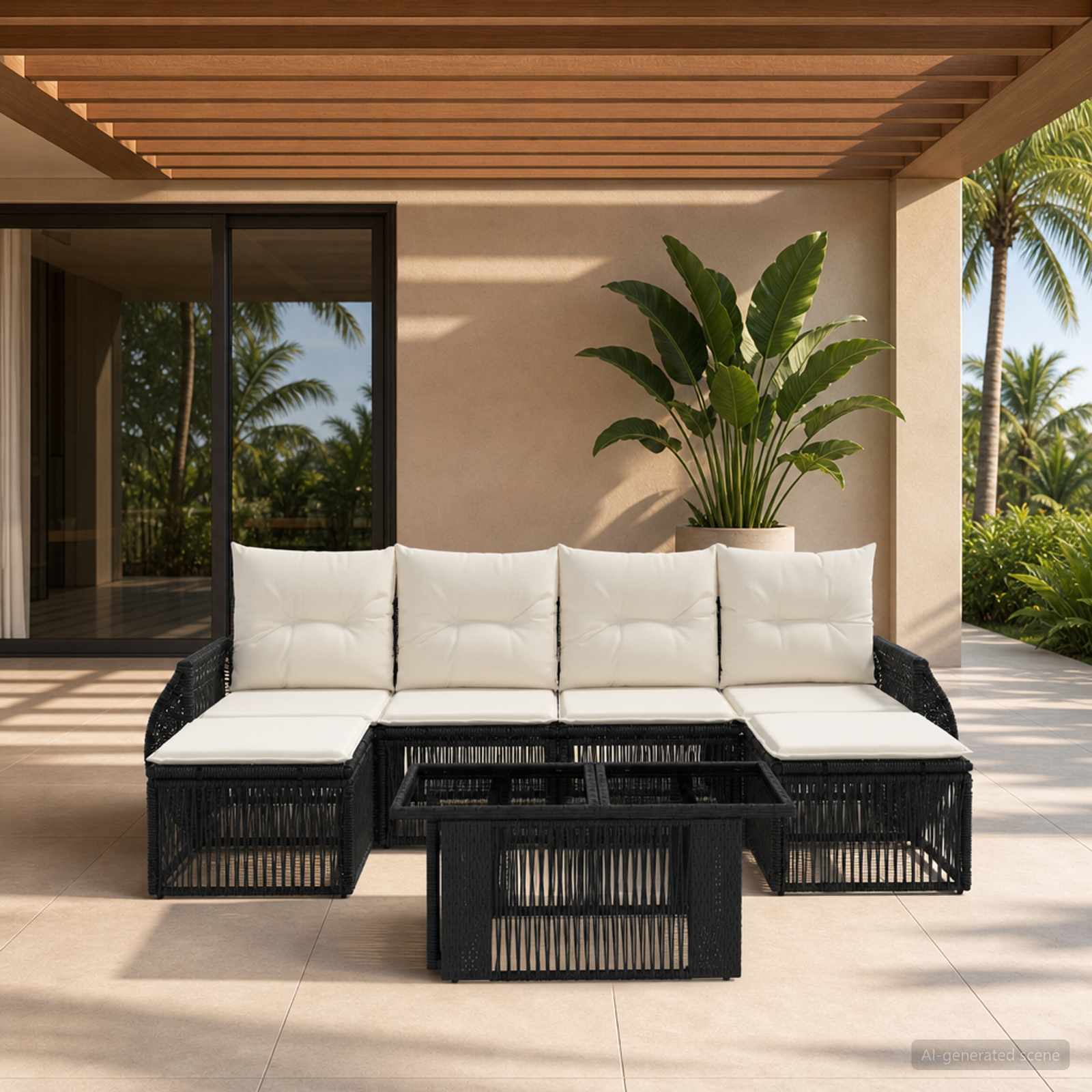 Gartensofa-set 7 stk. Schwarz und Cremeweiß Poly-Rattan