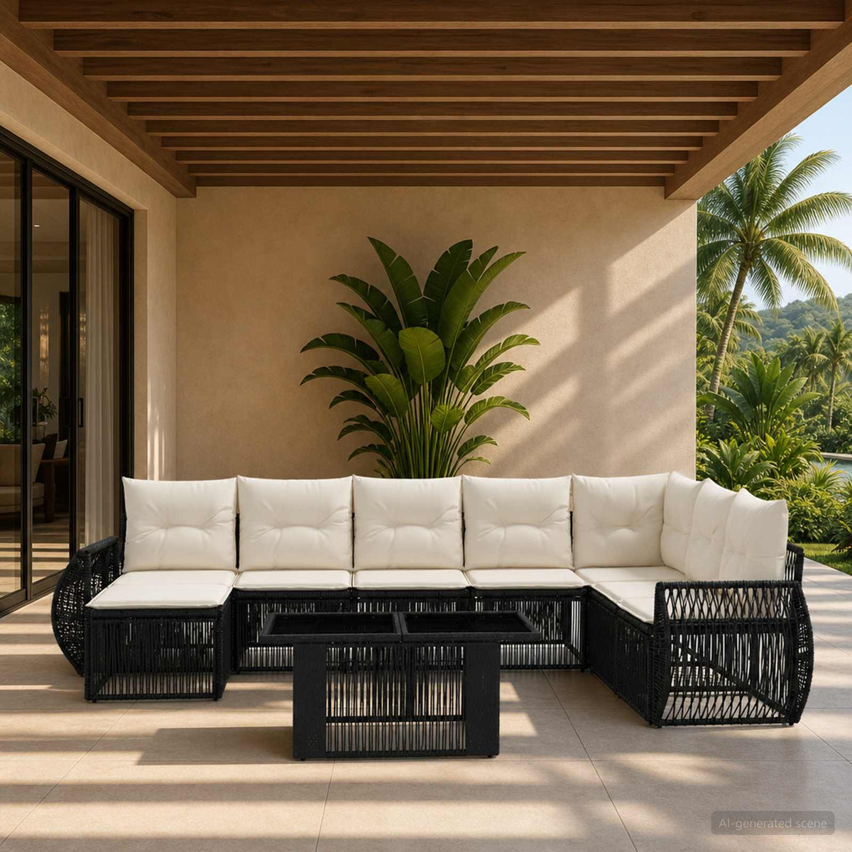 Gartensofa-set 9 stk. Schwarz und Cremeweiß Poly-Rattan