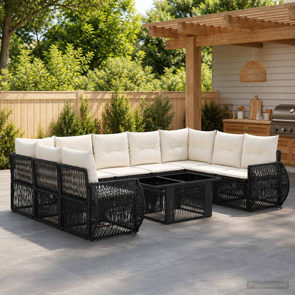Gartensofa-set 10 stk. Schwarz und Cremeweiß Poly-Rattan
