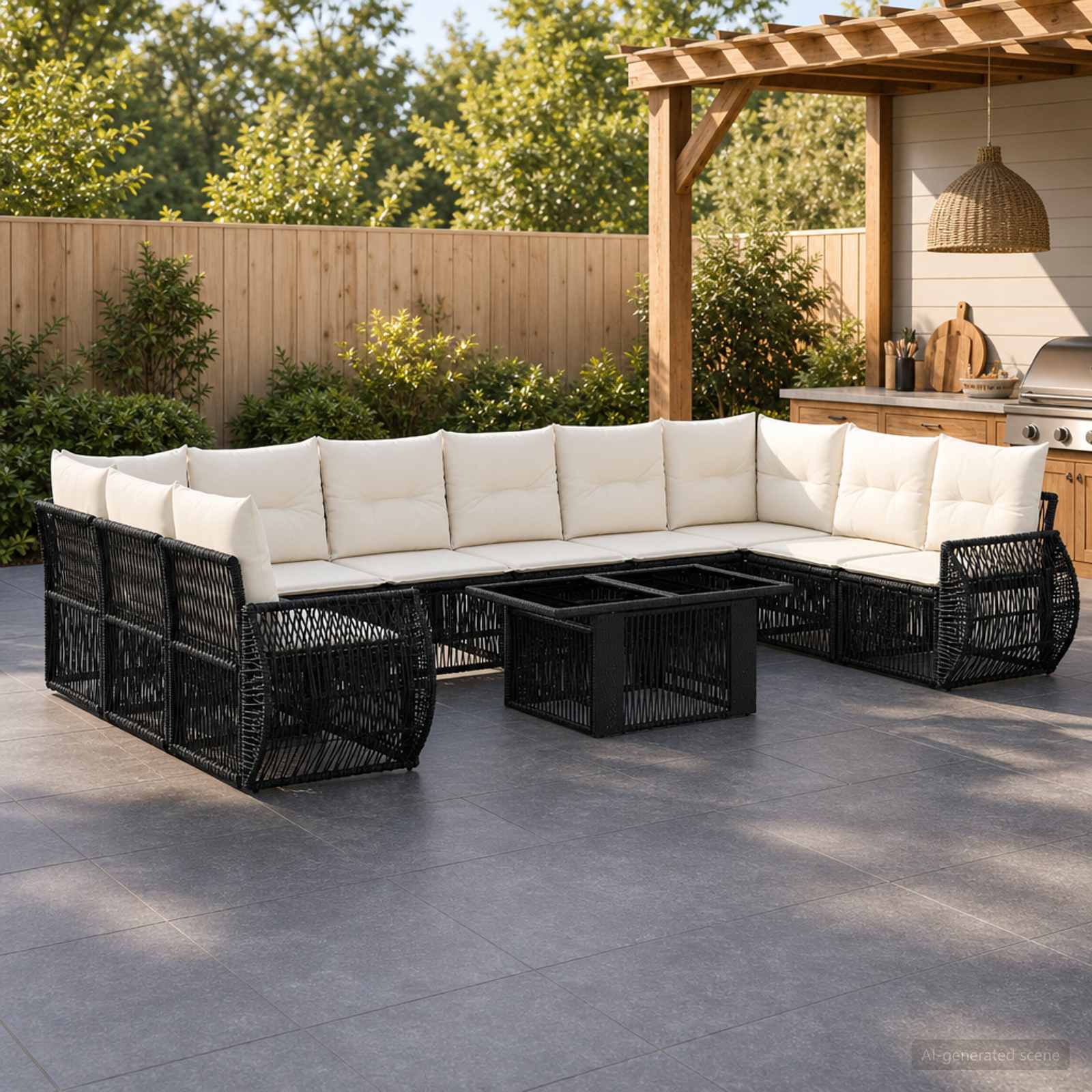 Gartensofa-set 11 stk. Schwarz und Cremeweiß Poly-Rattan