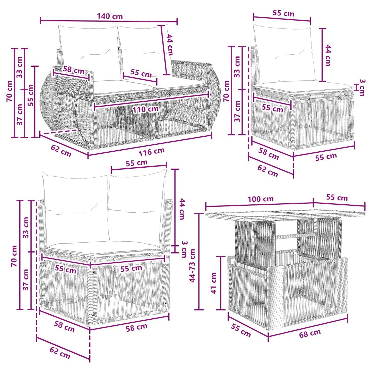 Gartensofa-set 11 stk. Schwarz und Cremeweiß Poly-Rattan