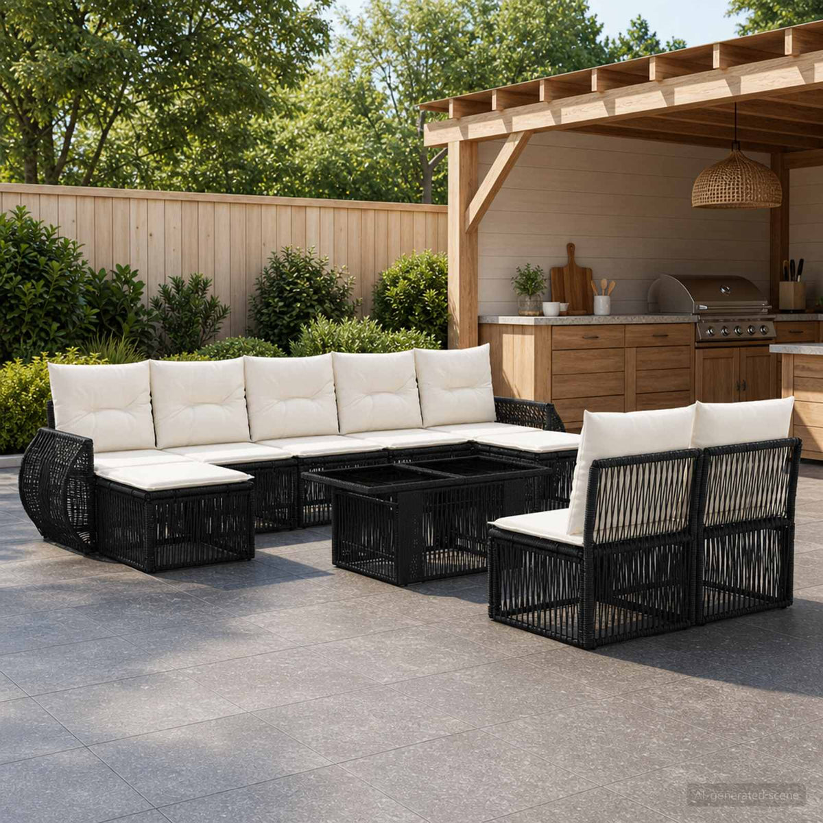 Gartensofa-set 10 stk. Schwarz und Cremeweiß Poly-Rattan