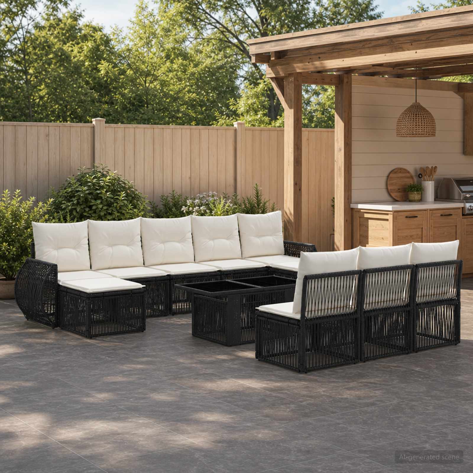 Gartensofa-set 11 stk. Schwarz und Cremeweiß Poly-Rattan
