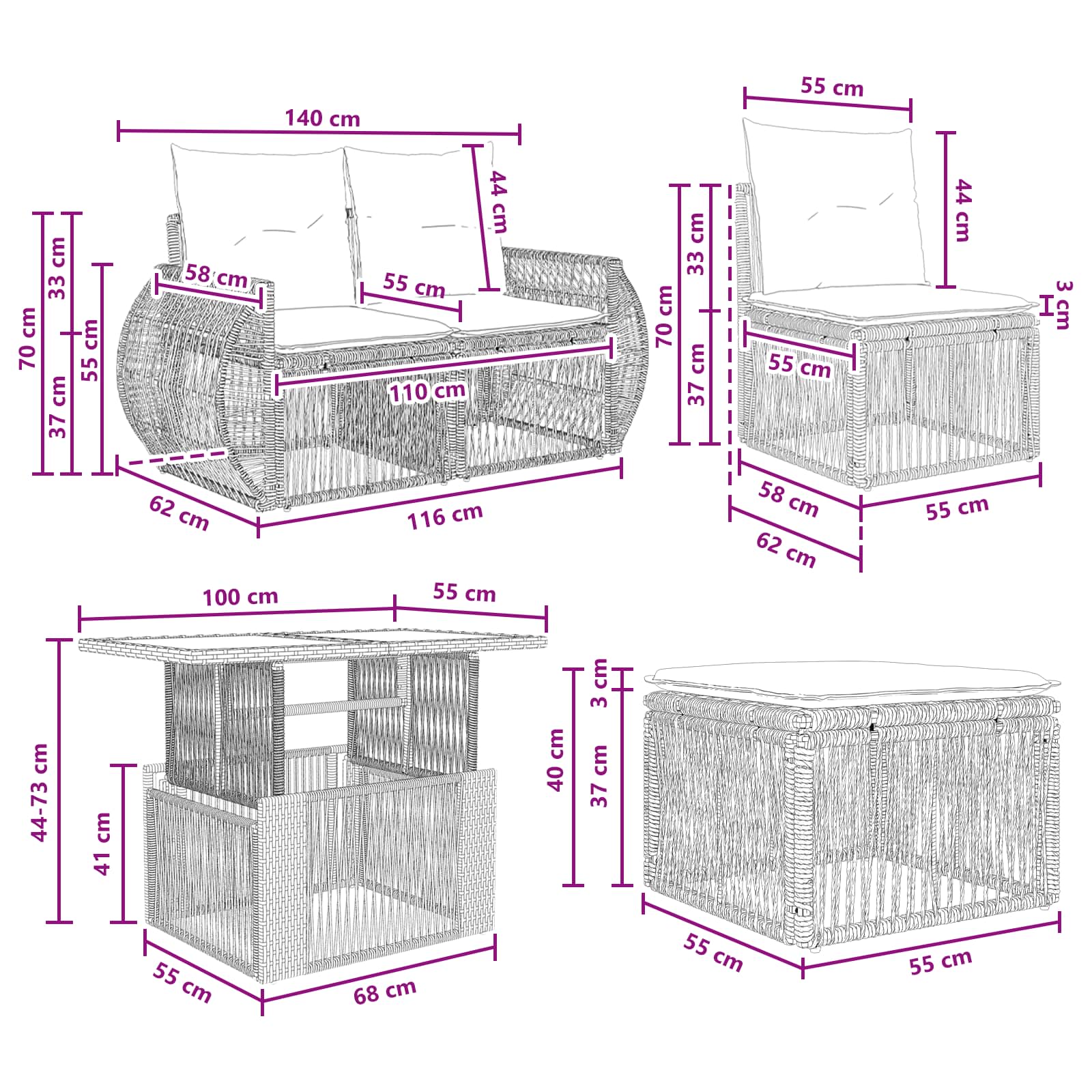 Gartensofa-set 11 stk. Grau und Dunkelgrau Poly-Rattan