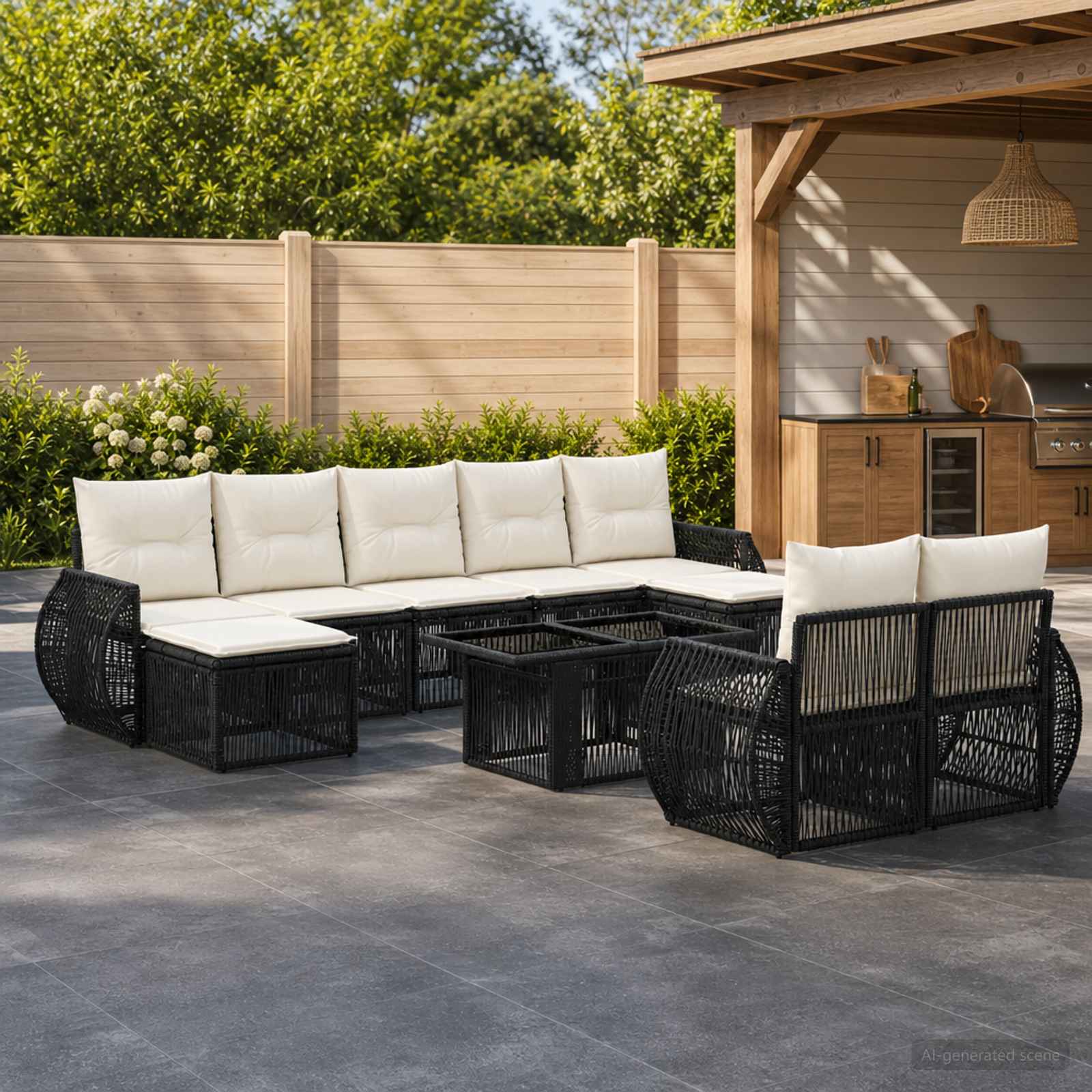 Gartensofa-set 10 stk. Schwarz und Cremeweiß Poly-Rattan
