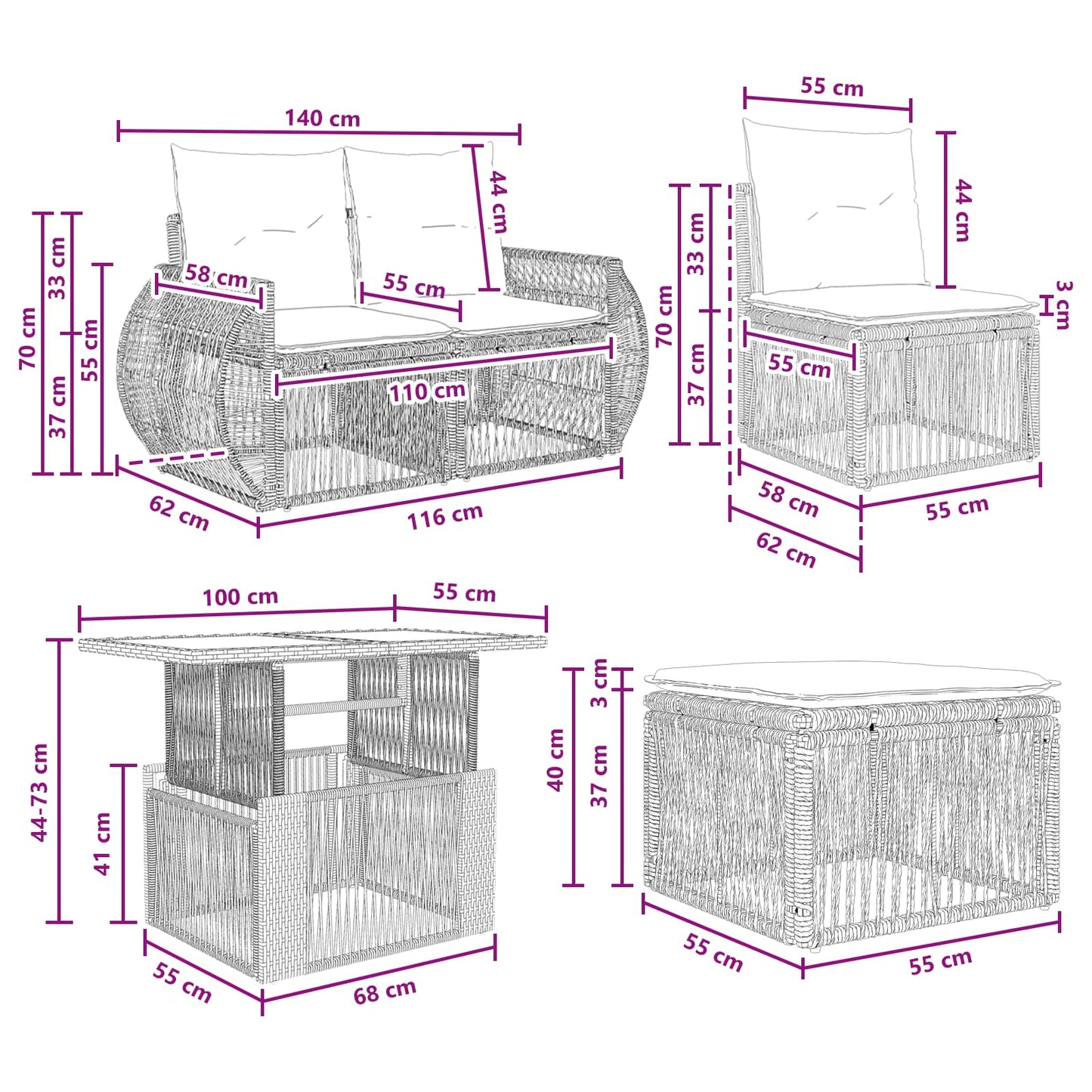 Gartensofa-set 10 stk. Grau und Dunkelgrau Poly-Rattan