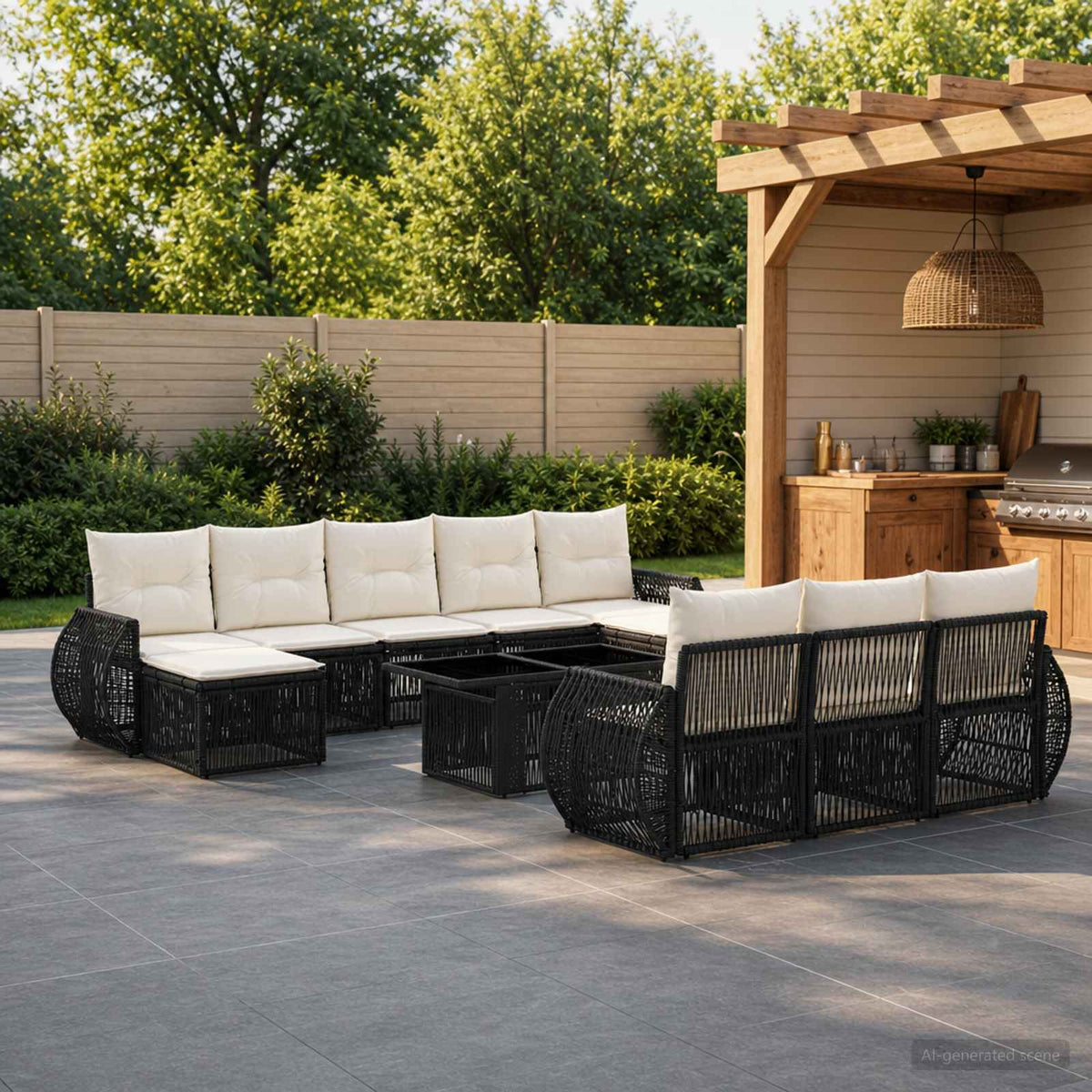 Gartensofa-set 11 stk. Schwarz und Cremeweiß Poly-Rattan