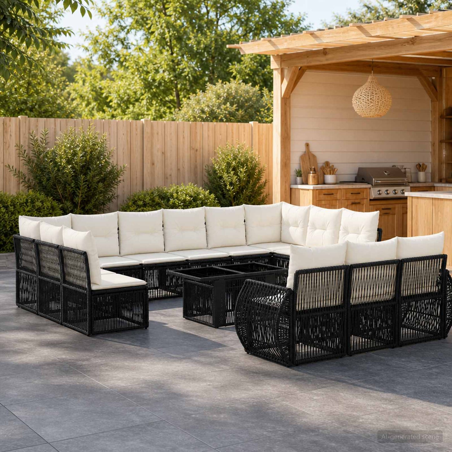Gartensofa-set 14 stk. Schwarz und Cremeweiß Poly-Rattan