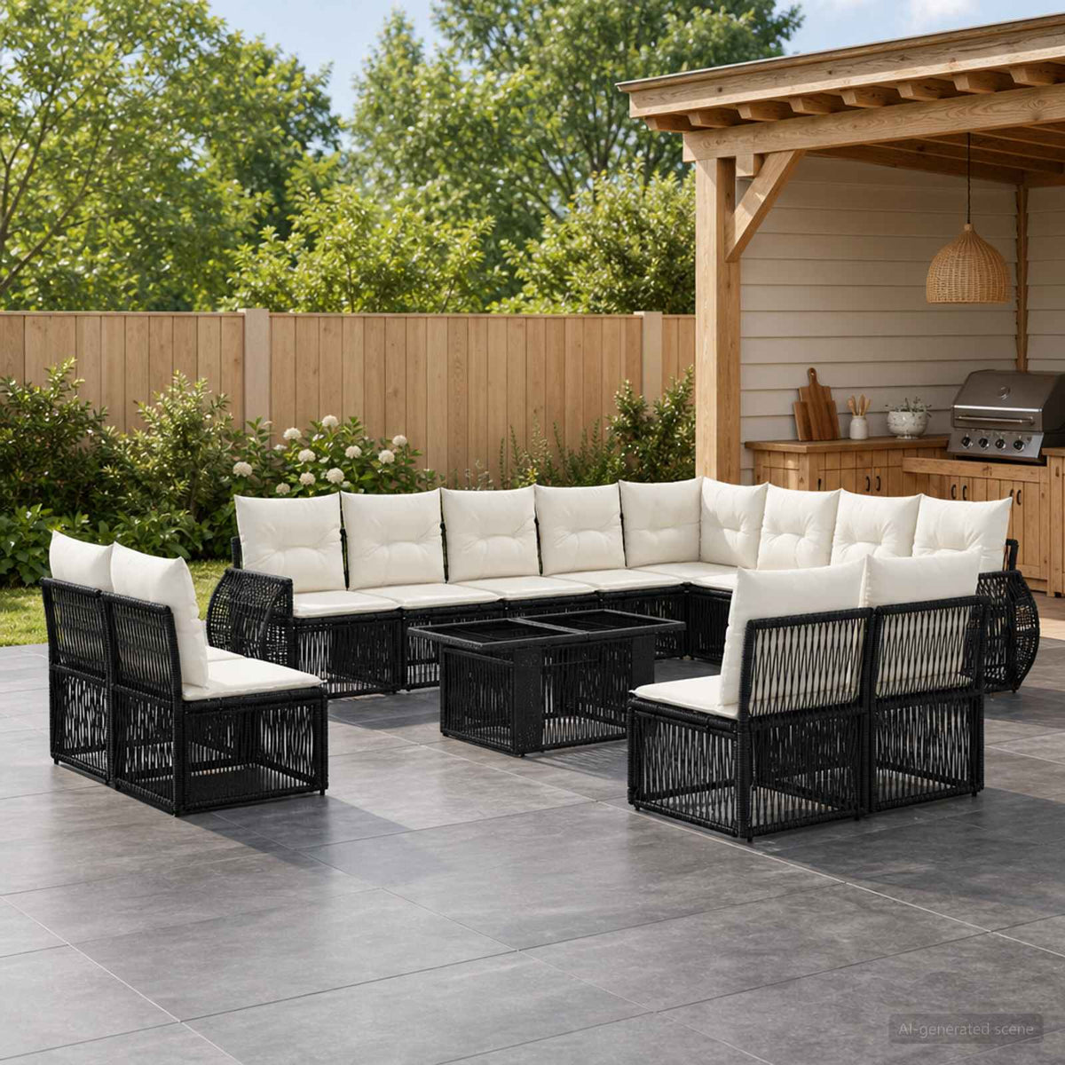 Gartensofa-set 13 stk. Schwarz und Cremeweiß Poly-Rattan