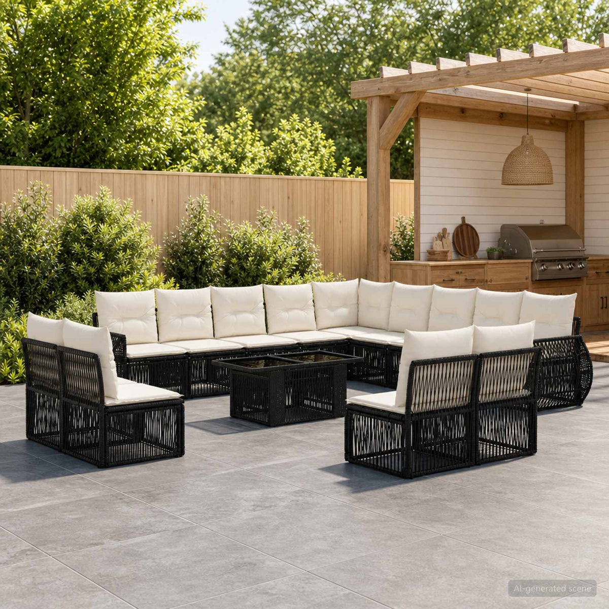 Gartensofa-set 14 stk. Schwarz und Cremeweiß Poly-Rattan